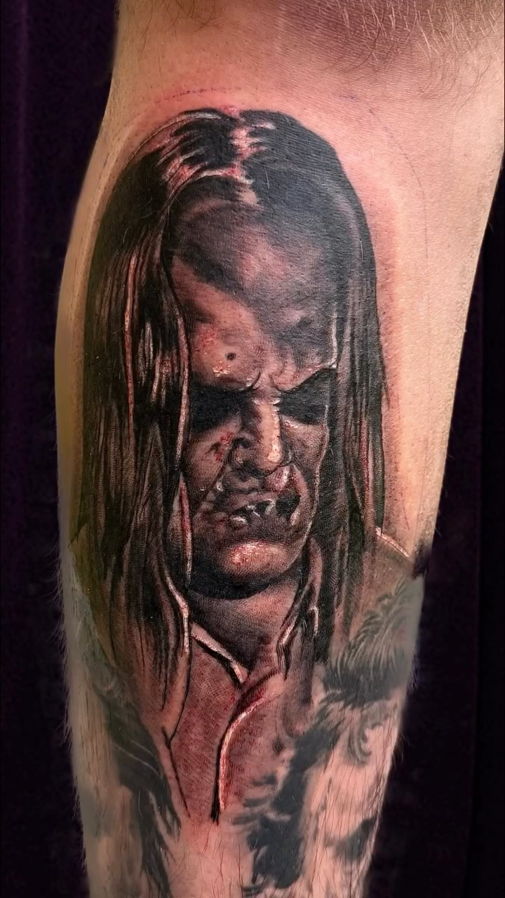 Horror character portrait realism tattoo by Nick Harrison, Dayton, Ohio