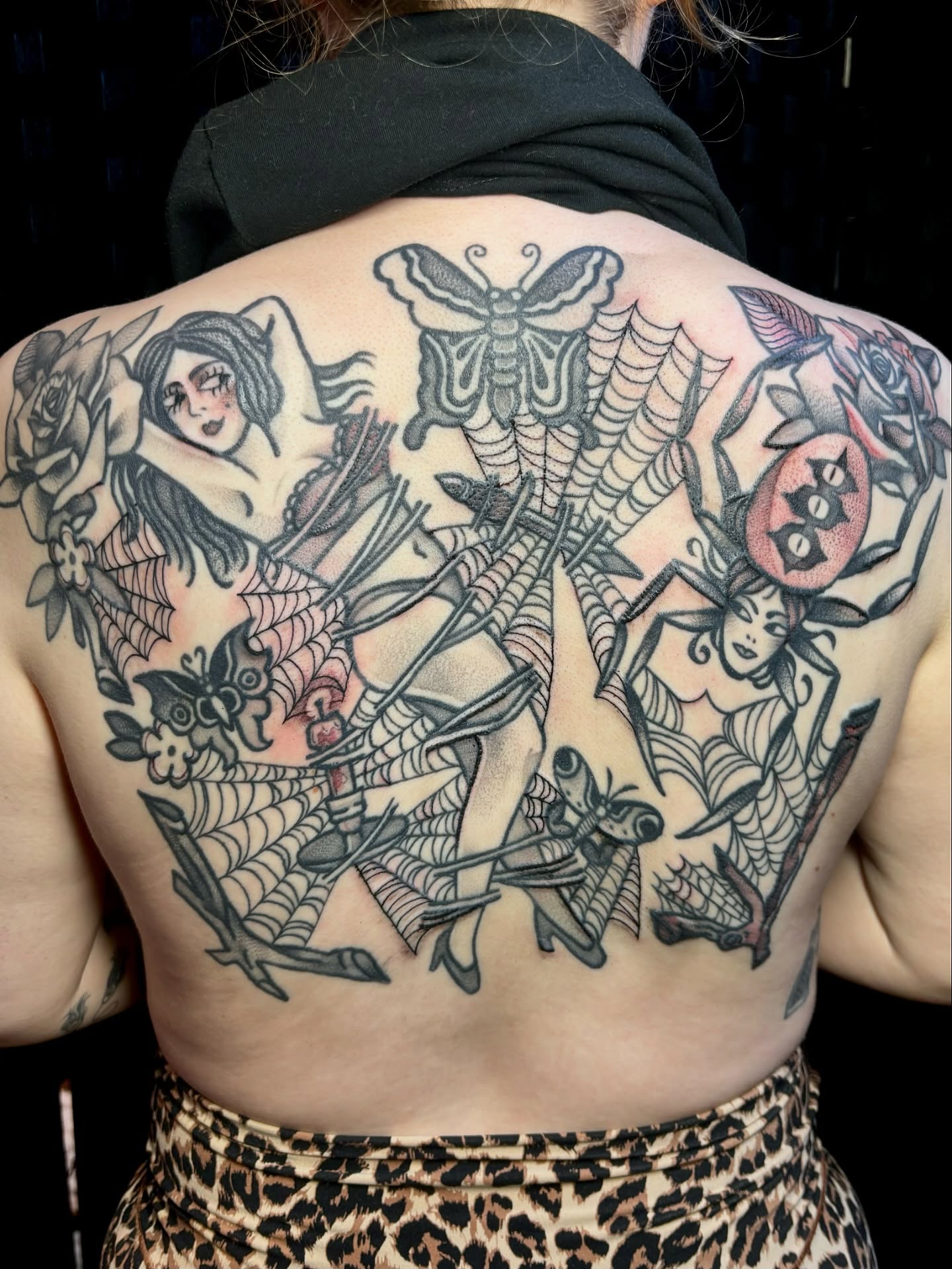 Female figures and insects American traditional tattoo on the back by edith🌷, Murfreesboro, Tennessee
