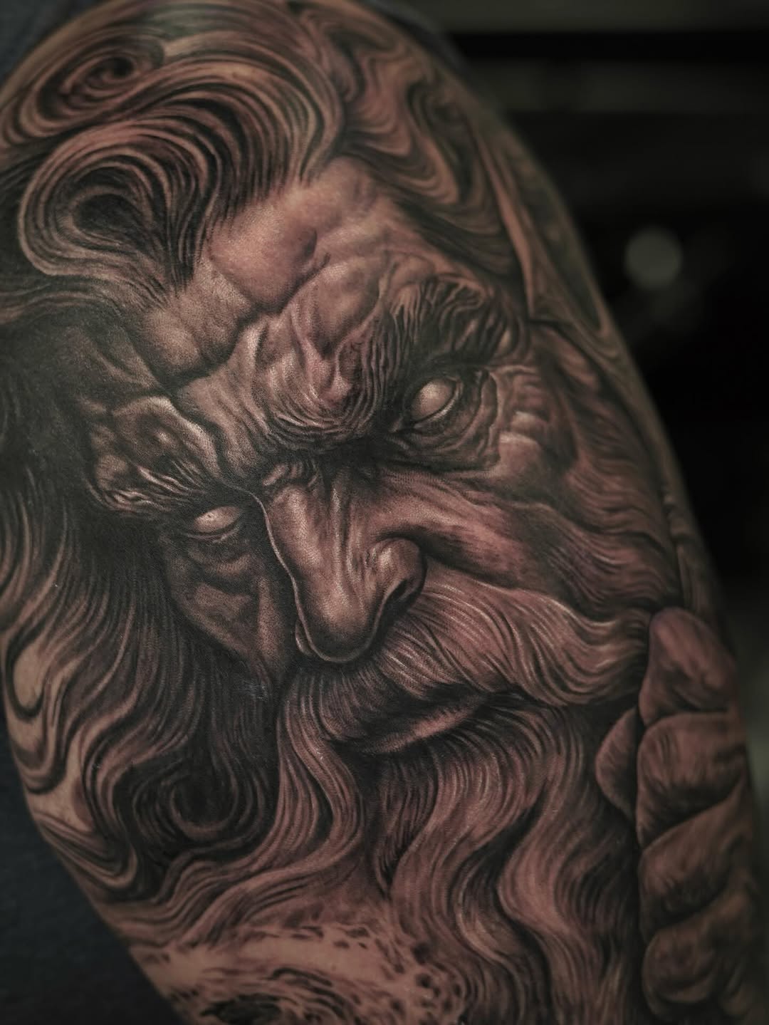 Old man portrait surrealism tattoo on the shoulder by Nelson Tellez