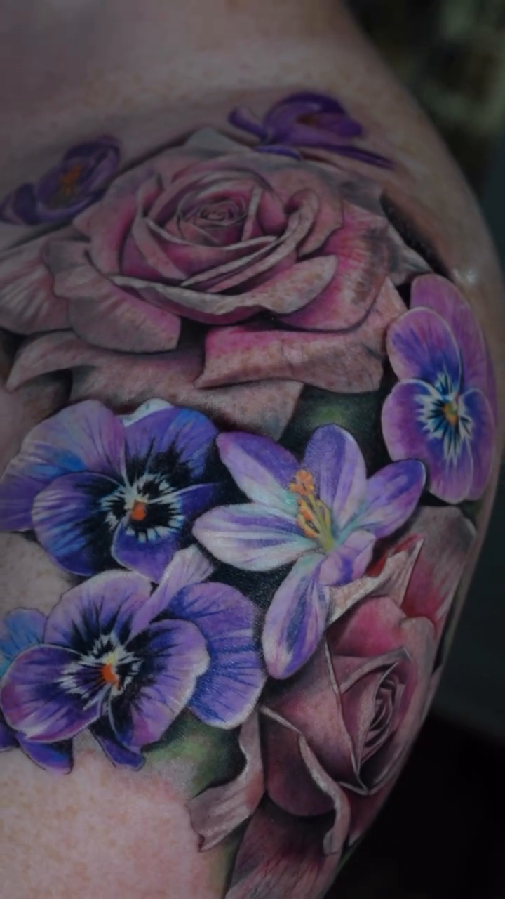 Floral arrangement realism tattoo by Sophia Cinotti, Washington, District of Columbia