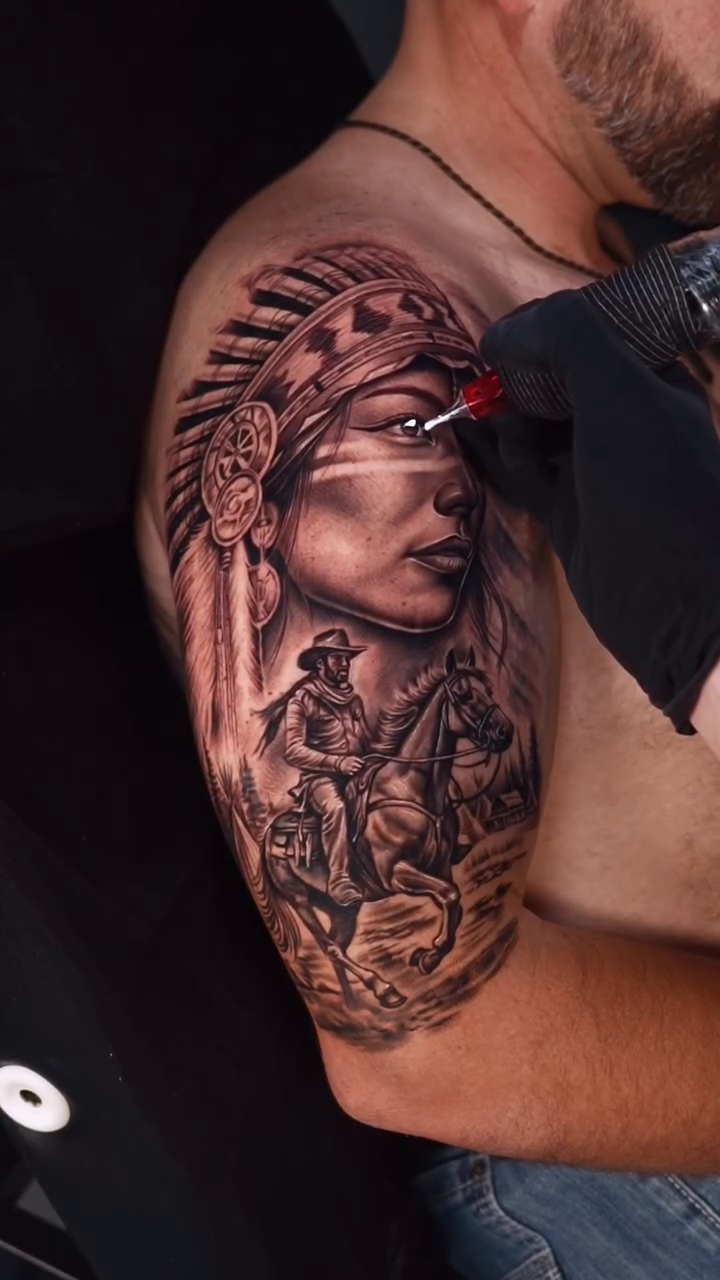 Native American woman with headdress realism tattoo by Brayan Batista - Tattoo Artist