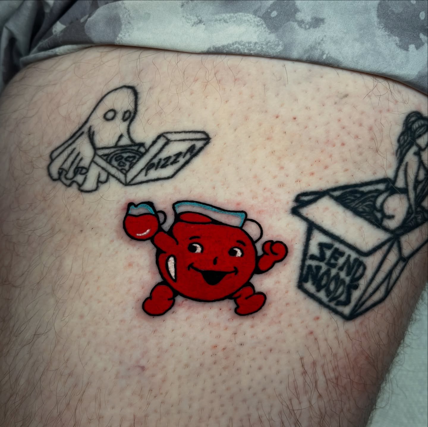 Mcdonald's mascot dotwork tattoo on the thigh by Alena McDonald