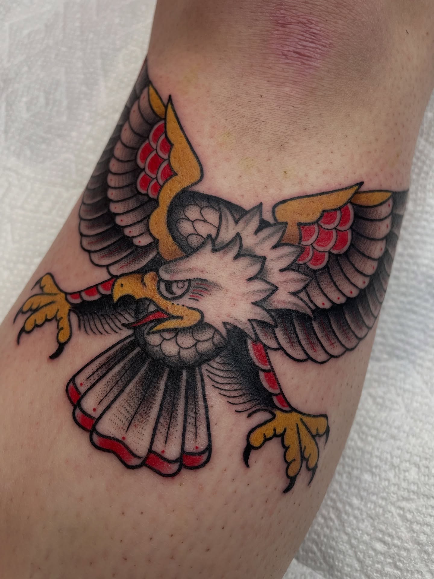 Eagle American traditional tattoo on the forearm by Josh Johns