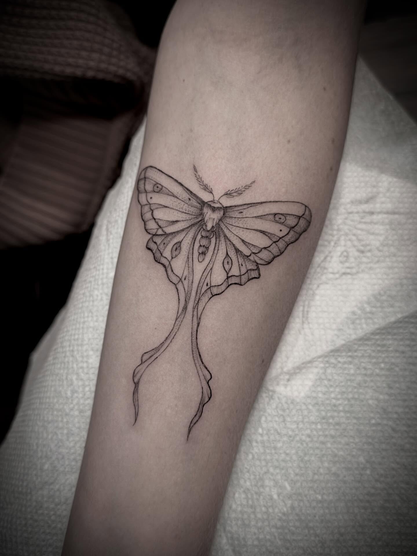 Moth dotwork tattoo on the forearm by Tattoos by Robyn Pallotta, Austin, Texas