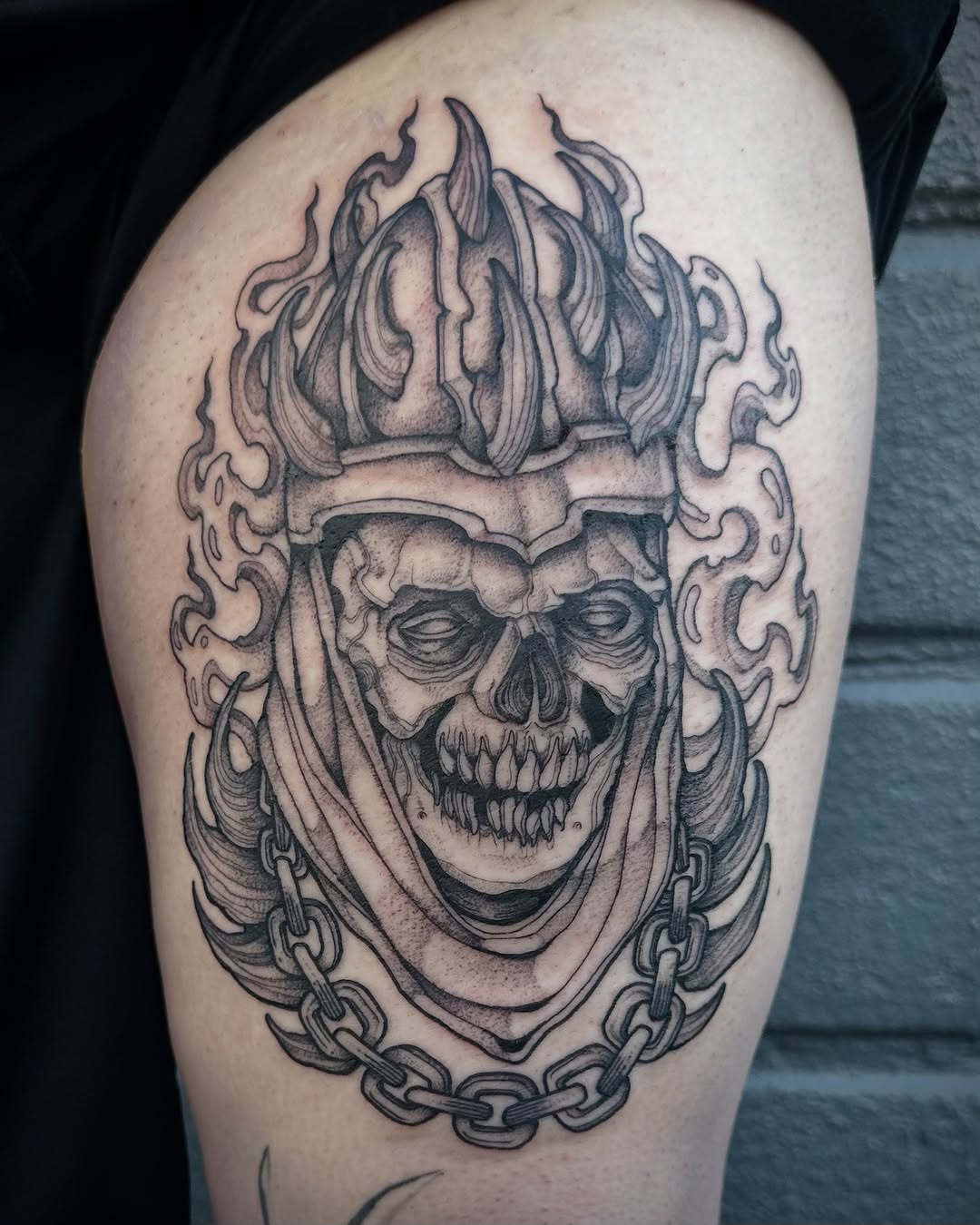 Tattoo by @racheltruskotattoos — dark_realism, black_and_grey