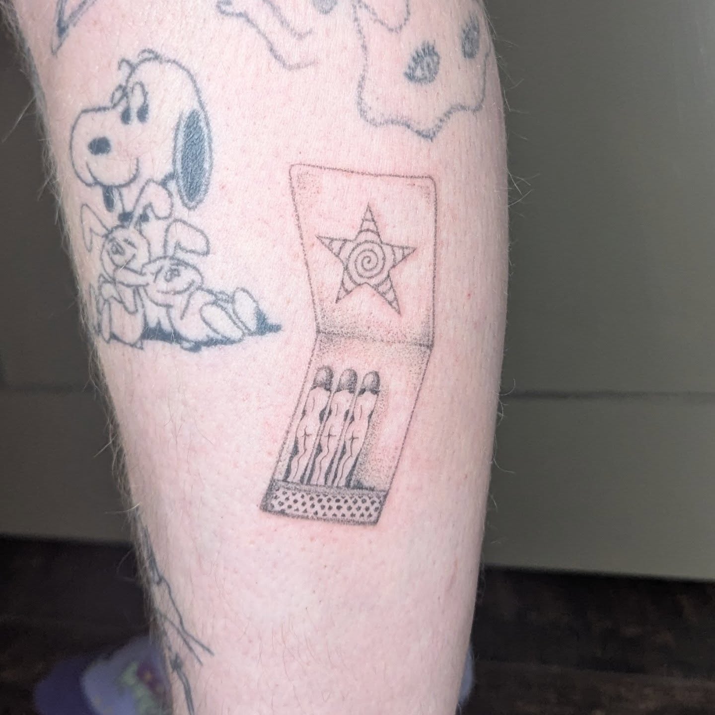 Matchbox with stars dotwork tattoo on the forearm by theo, Portland, Oregon