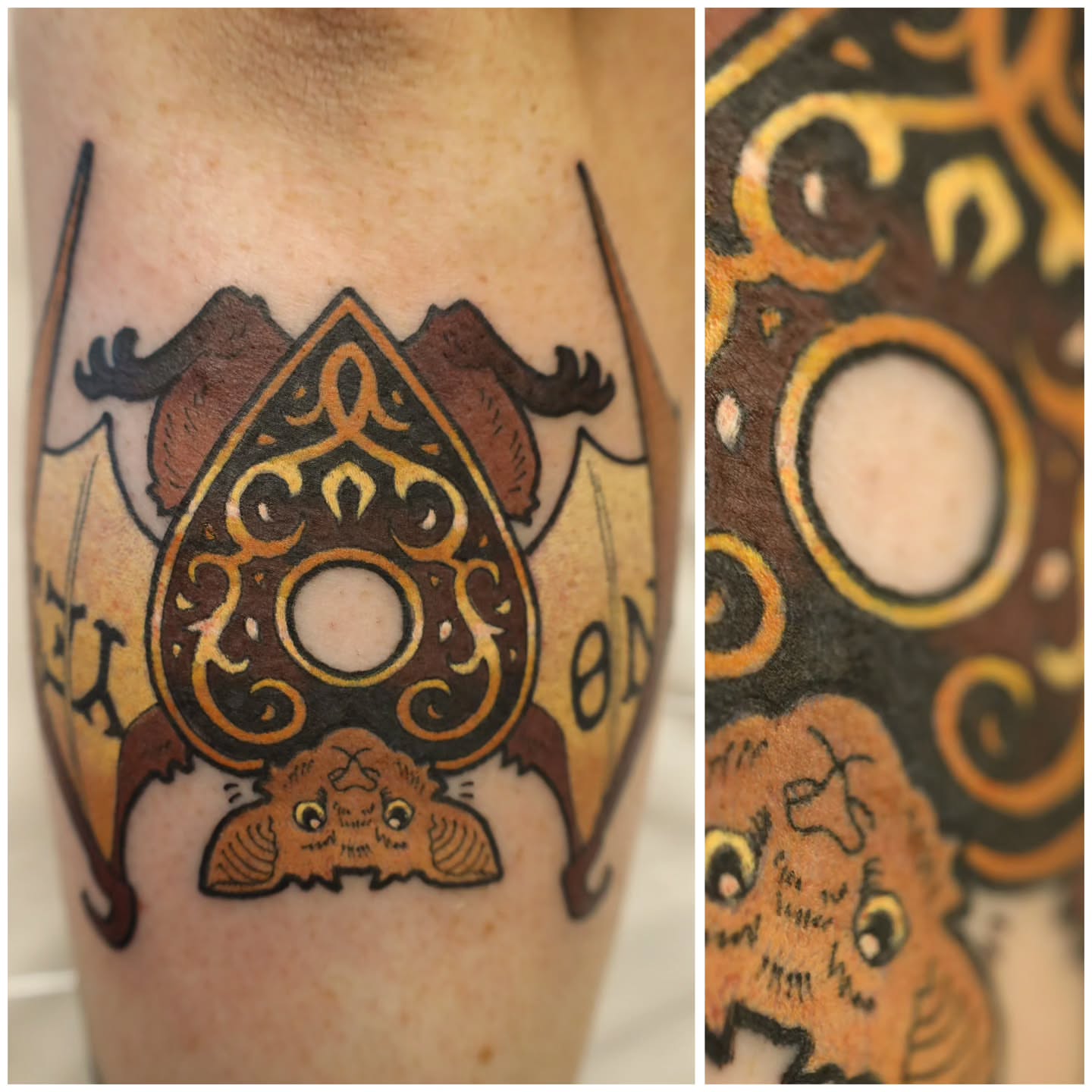 Bat and shield ornamental tattoo on the forearm by Whitney Tiedeman