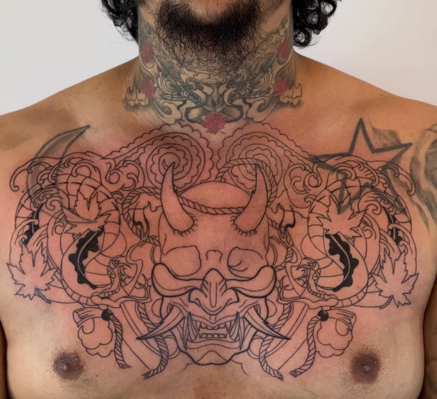 Mask japanese irezumi tattoo on the chest by Paul Calhoun Tattoos, Englewood, Ohio