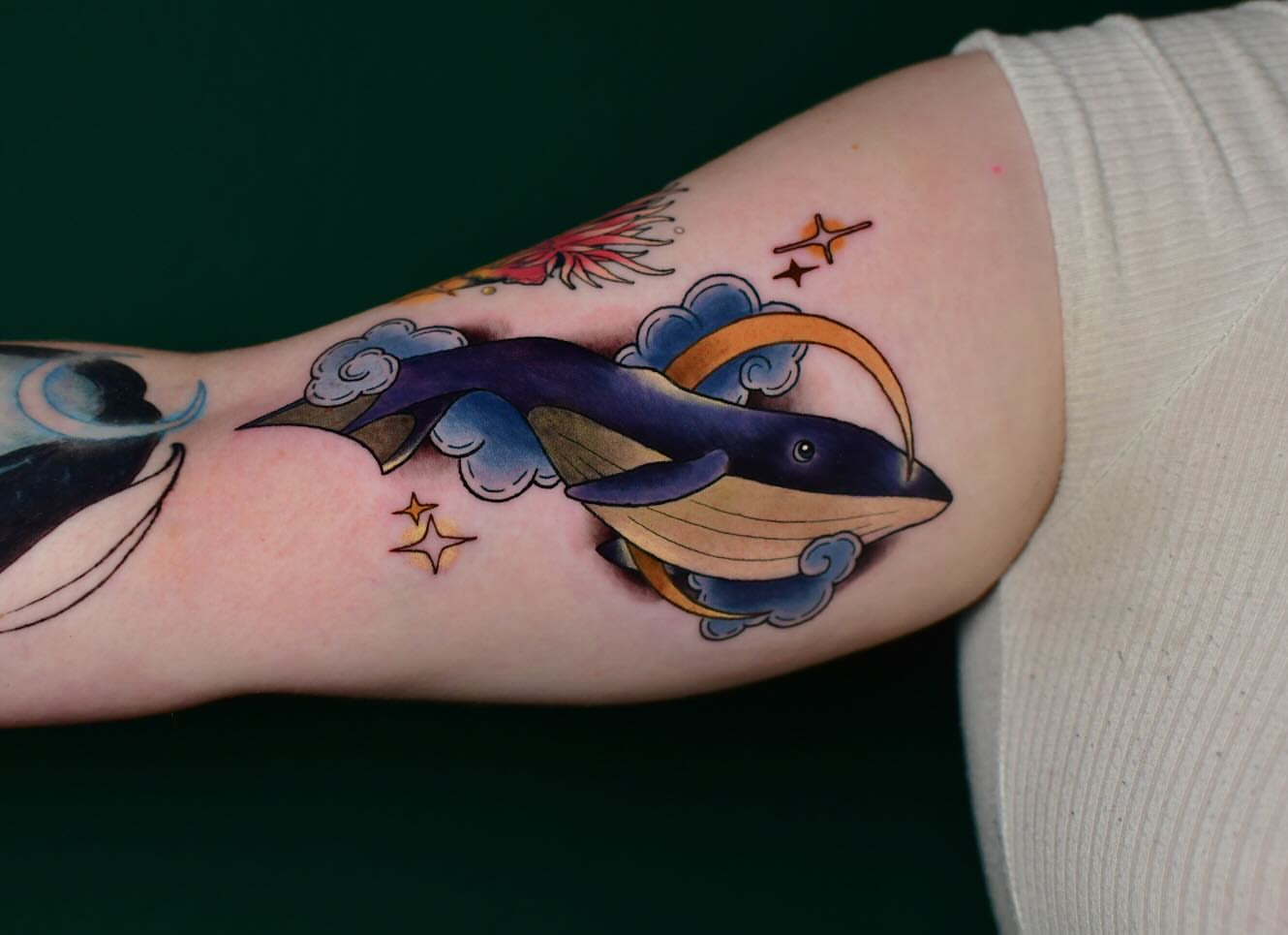 Whale and clouds American traditional tattoo on the forearm by Karina πΌ Orange County Tattoo Artist