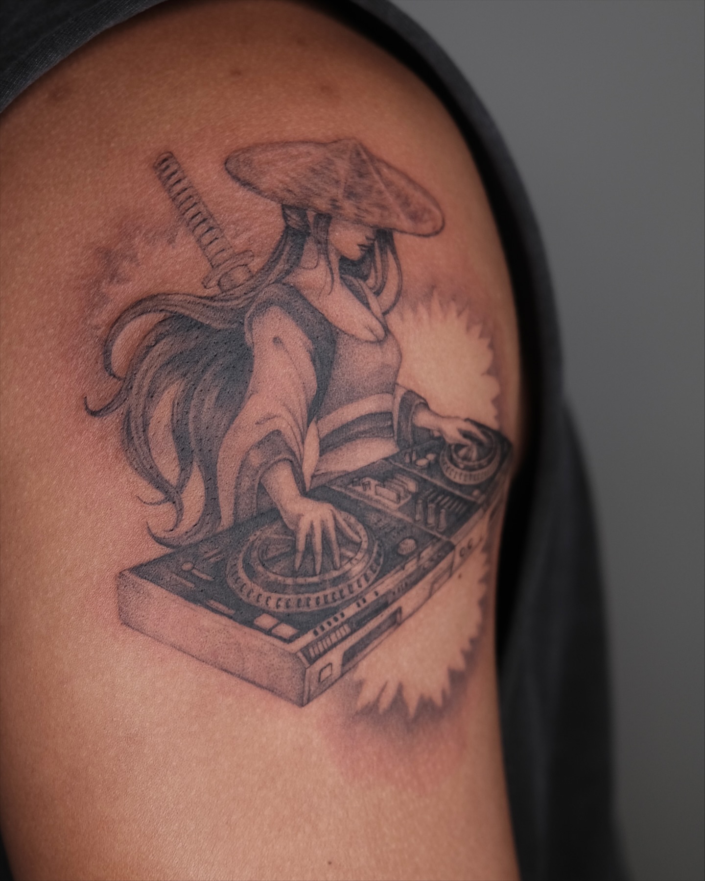 DJ girl anime tattoo on the shoulder by Sab