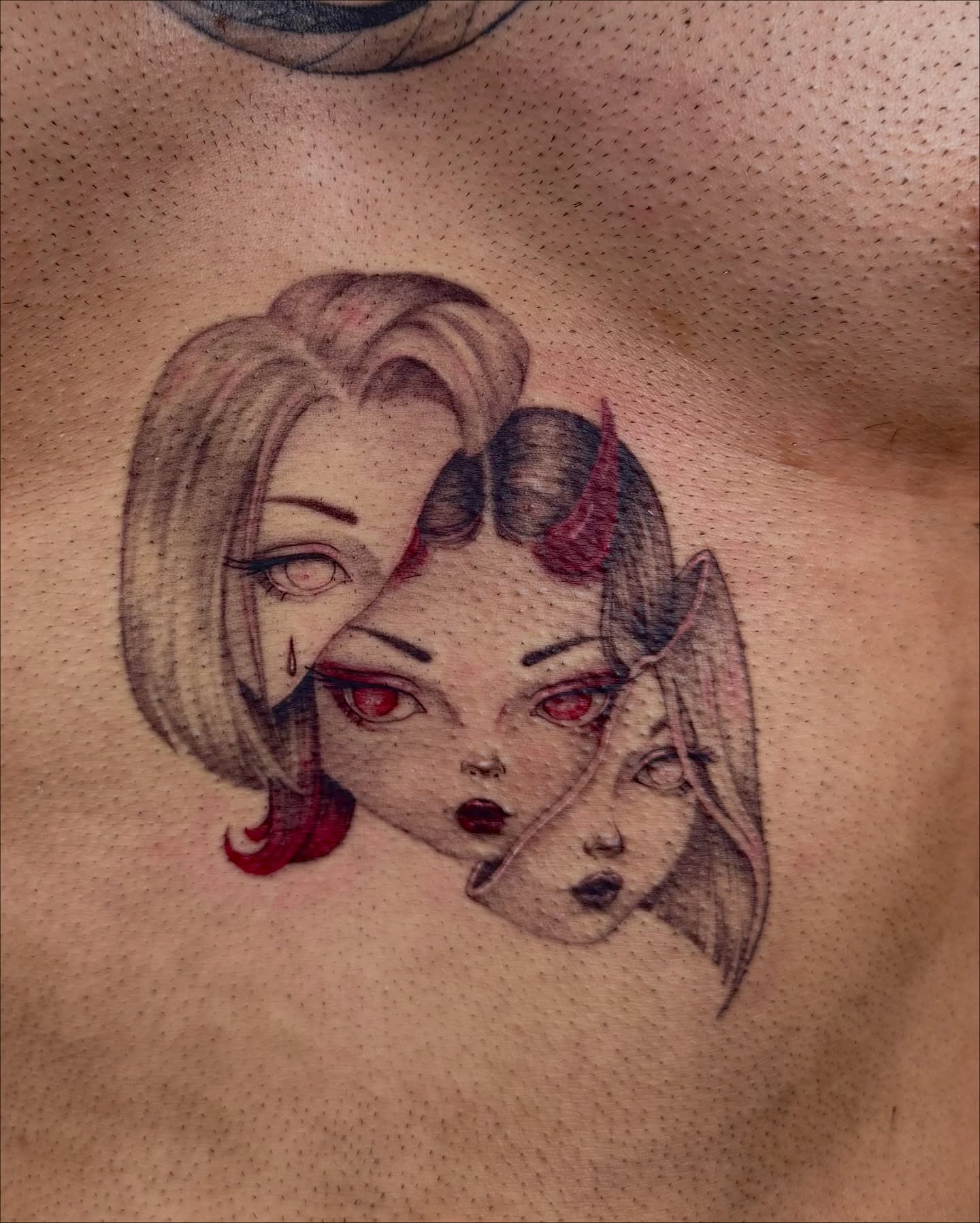 Dual-faced woman dotwork tattoo on the chest by Sab