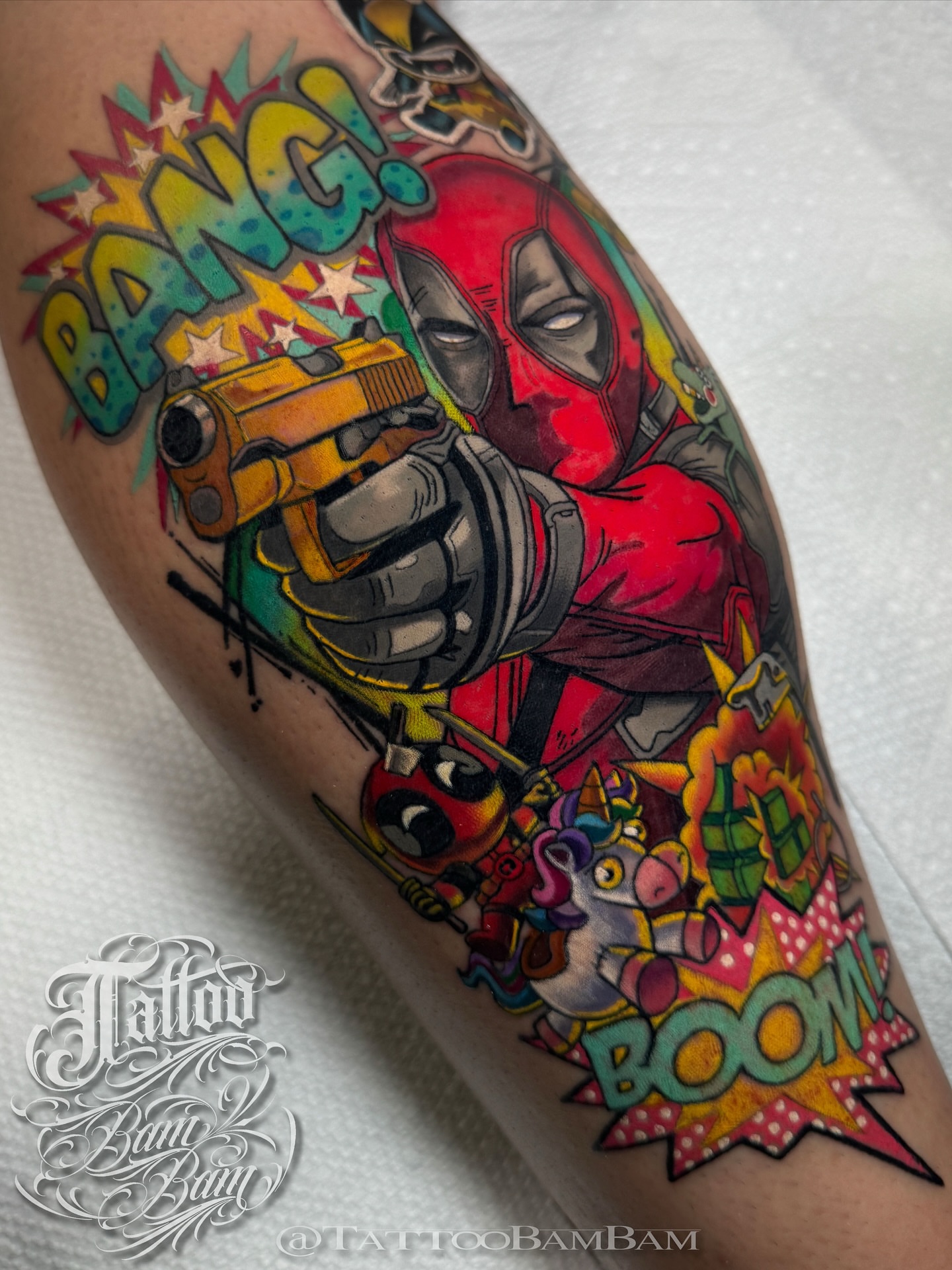Deadpool new school tattoo on the forearm by Tattoo Bam Bam