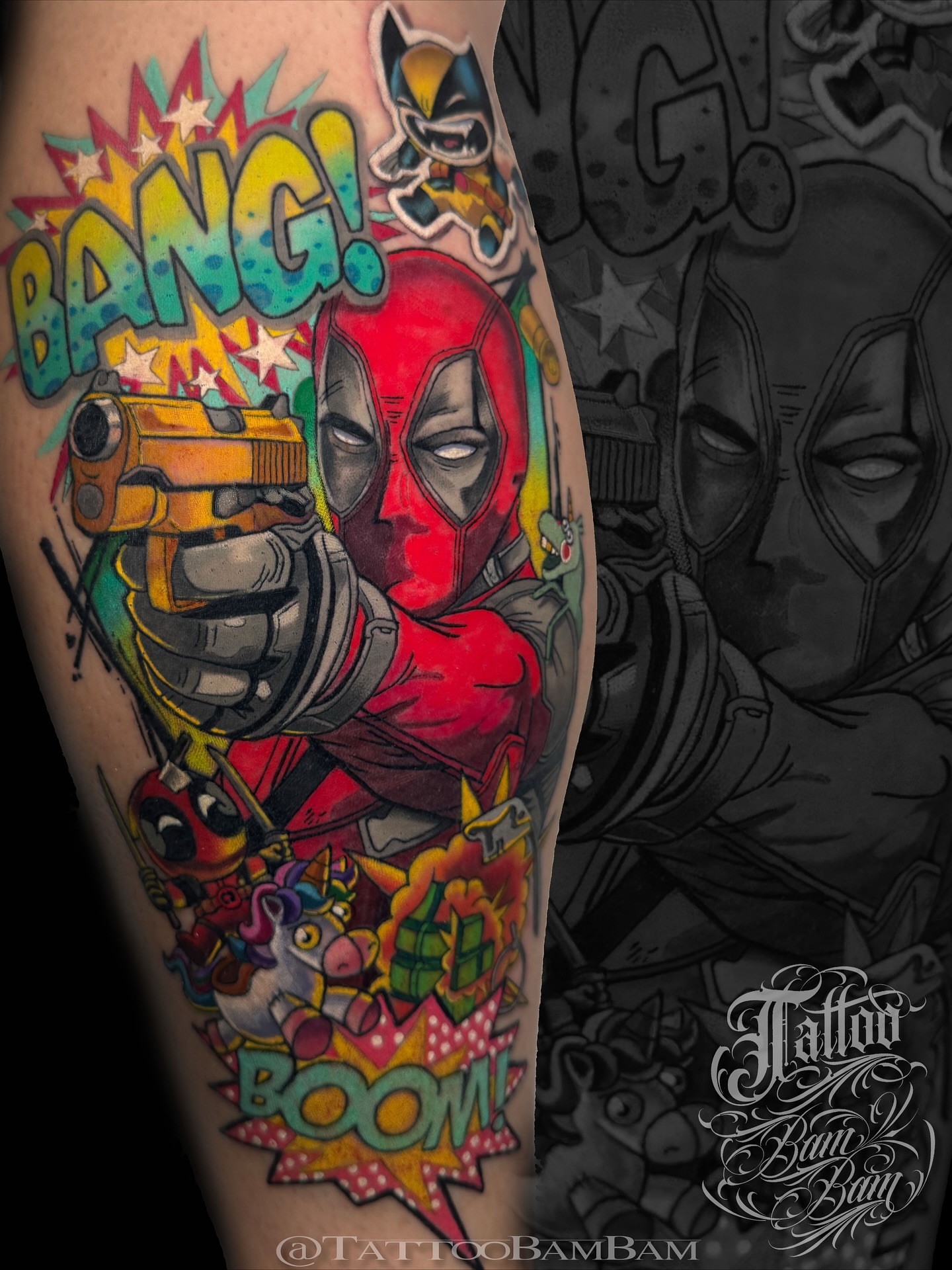 Deadpool new school tattoo on the forearm by Tattoo Bam Bam
