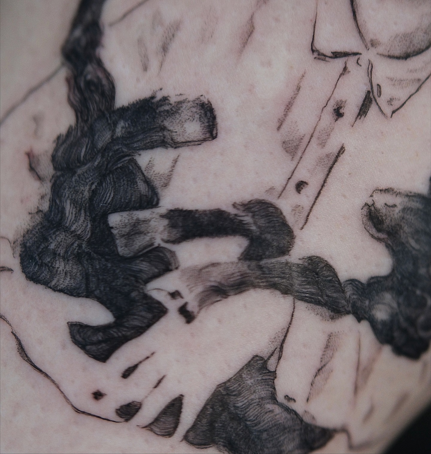 Woman with long hair black and grey tattoo on the torso by Mané, Portland, Oregon