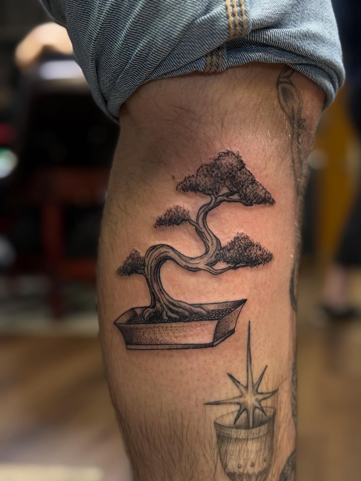Bonsai tree dotwork tattoo on the forearm by Khang🇻🇳
