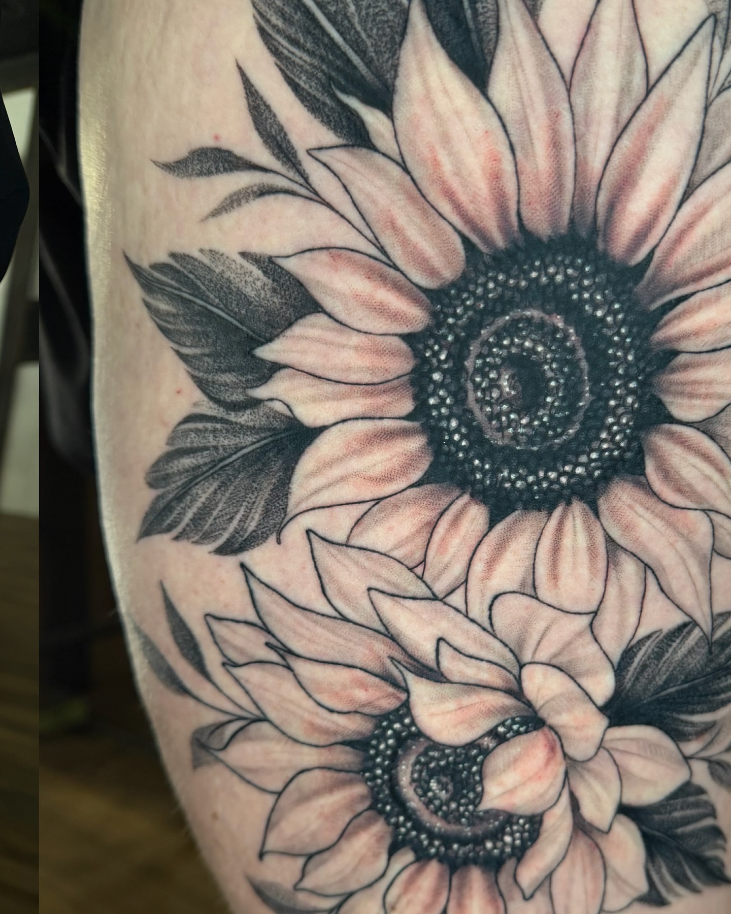 Sunflower black and grey tattoo on the upper arm by πππππ βππ£π£ππ€ππ , Tucson, Arizona