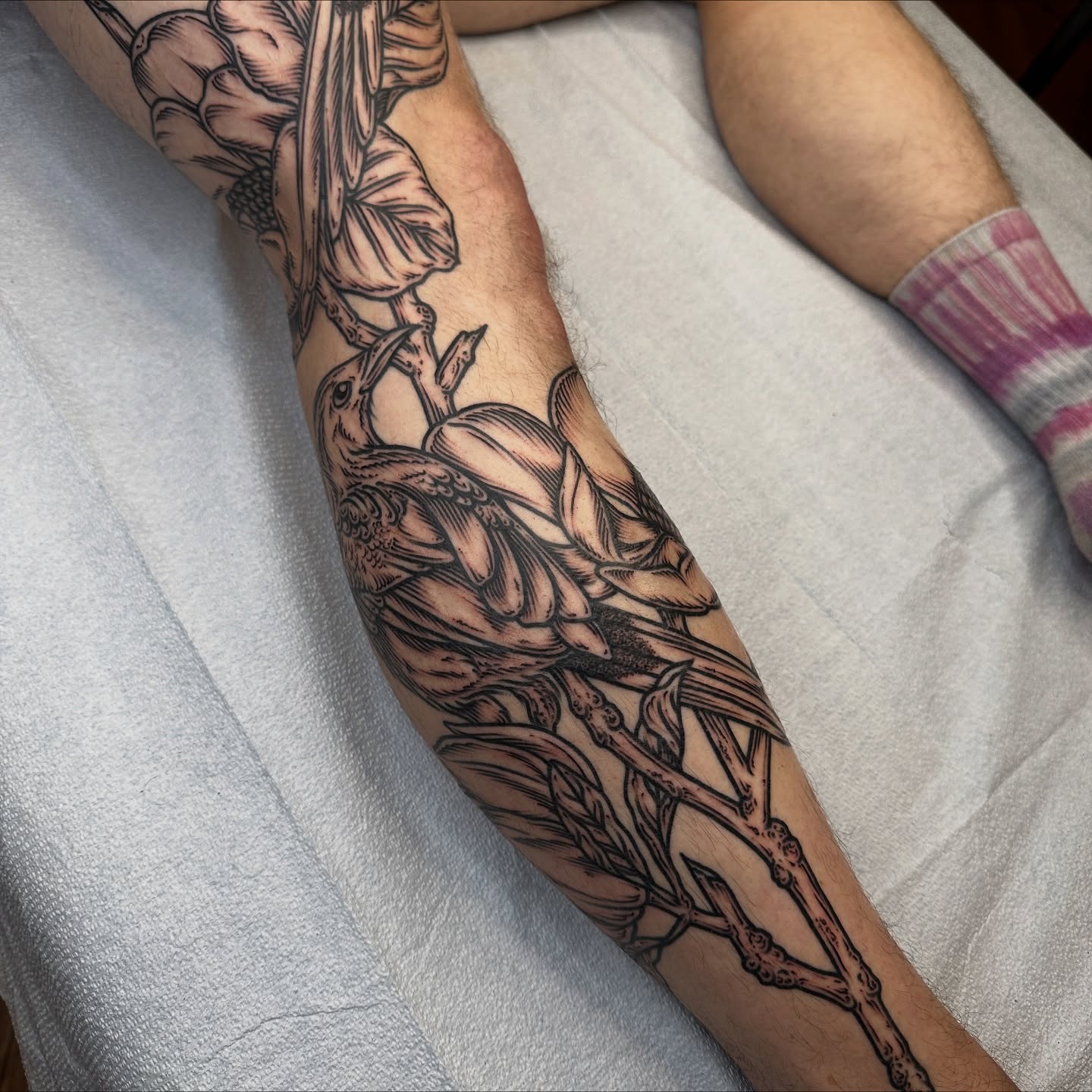 Bird and branch black and grey tattoo on the forearm by rosalie