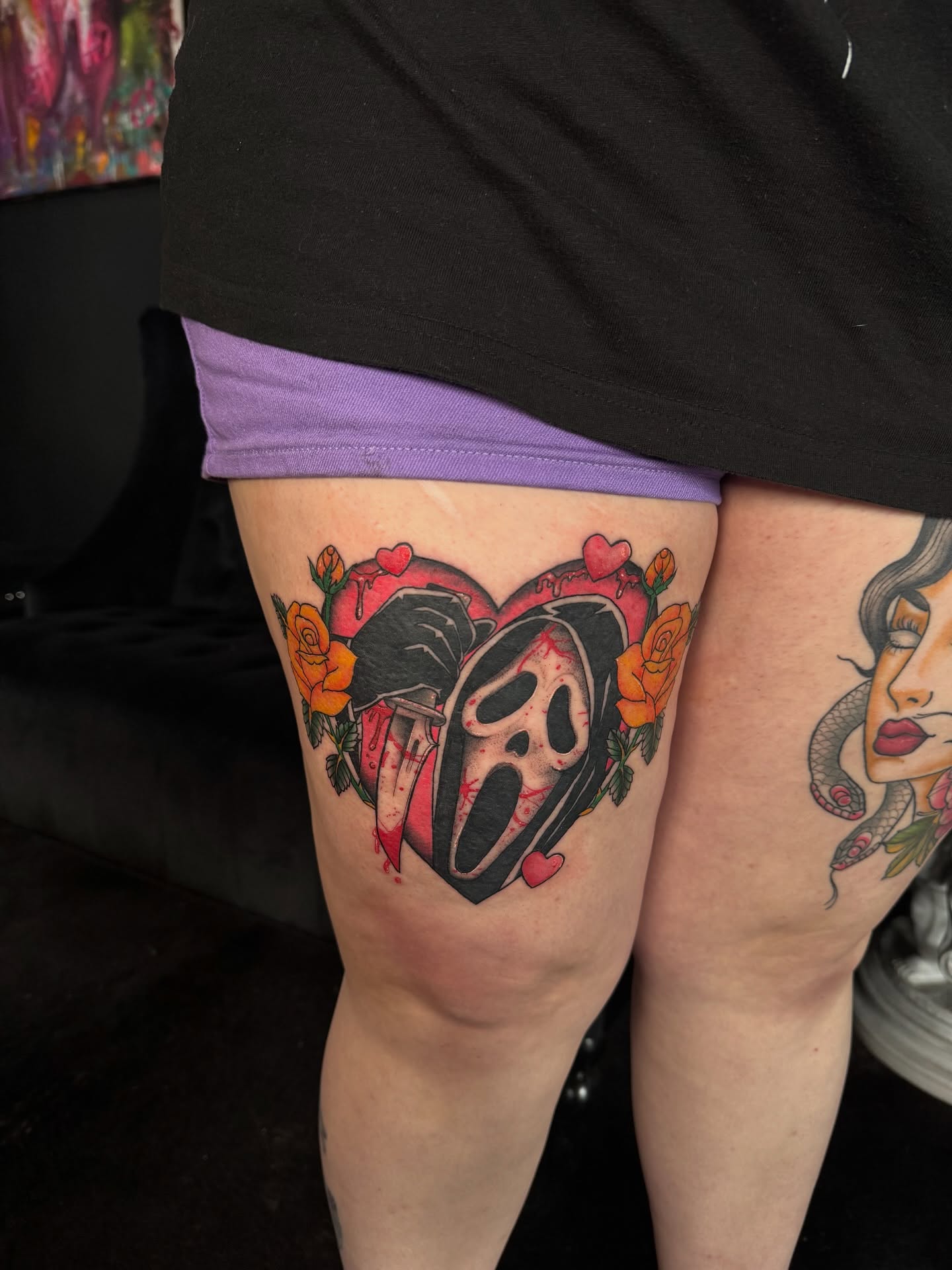 Scream ghost American traditional tattoo on the thigh by Nathalie Briseno