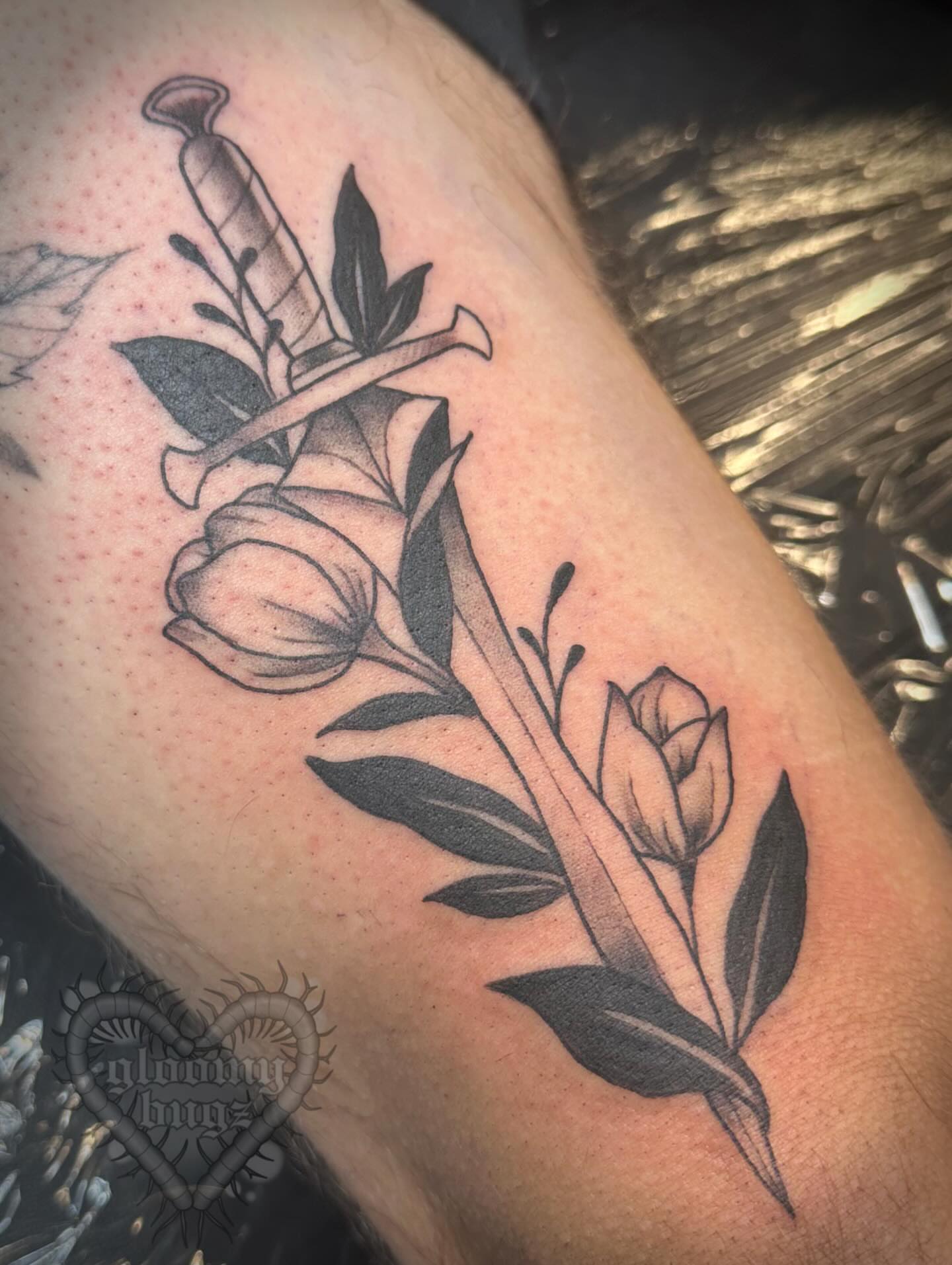 Tattoo by @gloomybugz — black_and_grey