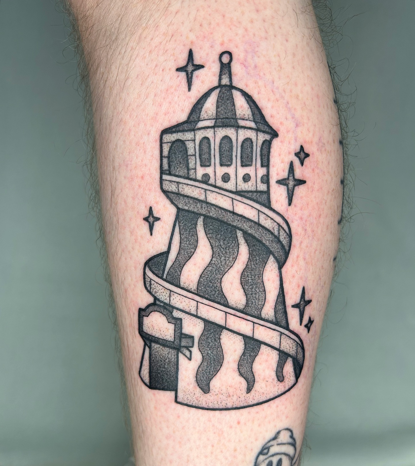Castle on spiral staircase dotwork tattoo on the forearm by Aaron Murray ✨ Michigan Tattoo Artist