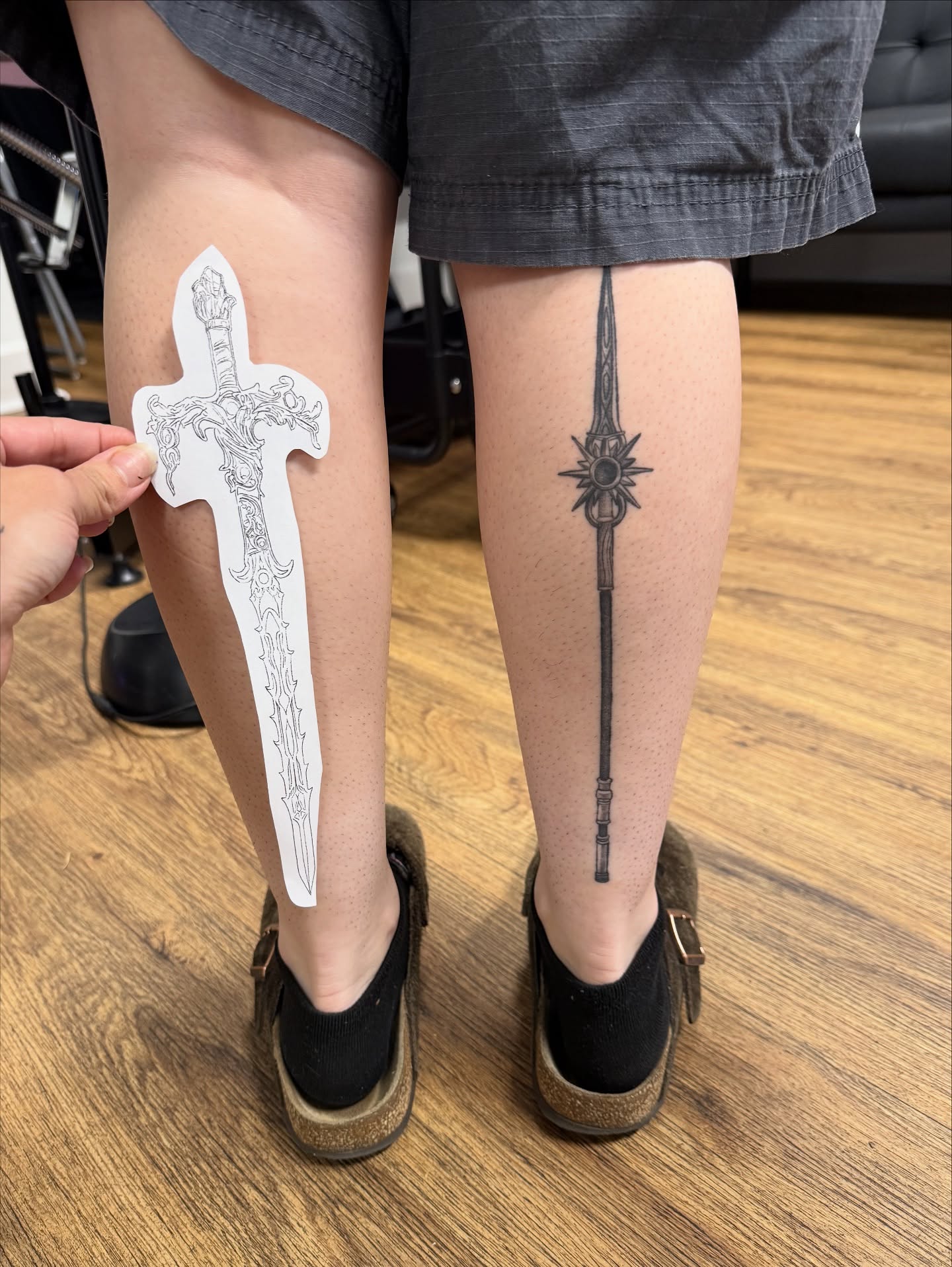 Sword black and grey tattoo on the leg by z o y a, Seattle, Washington