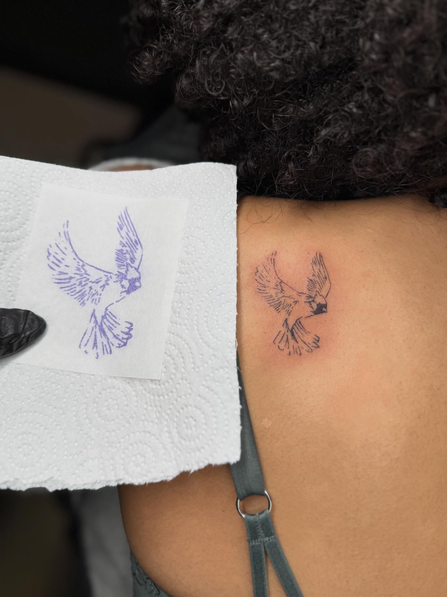 Bird black and grey tattoo on the shoulder by Fineline Tattoos π€ Hailey L.
