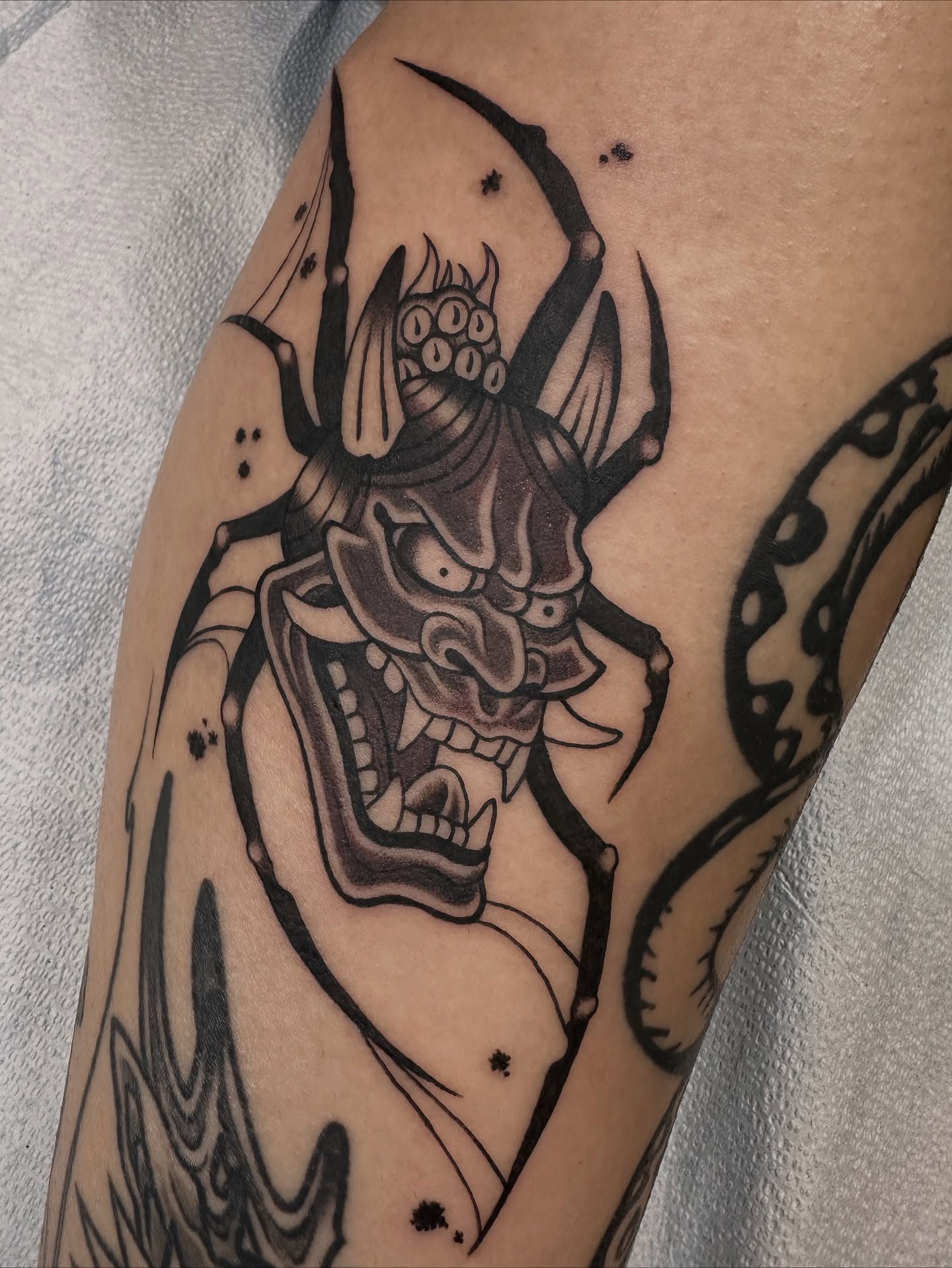 Oni mask black and grey tattoo on the forearm by Las Vegas Tattoo Artist π€ Nani