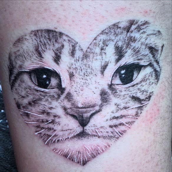 Cat face realism tattoo on the forearm by Sarah Nash