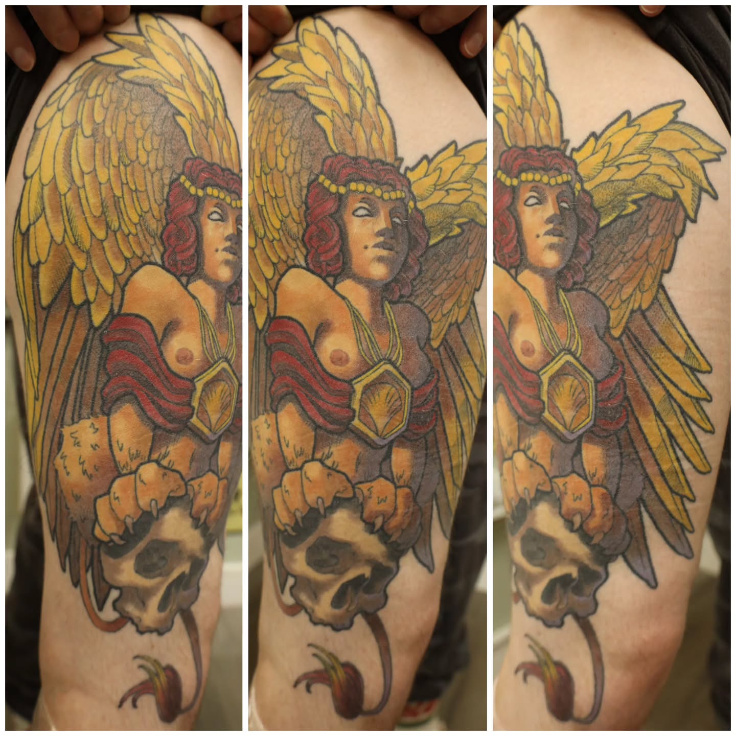 Angelic warrior neo-traditional tattoo on the thigh by Whitney Tiedeman