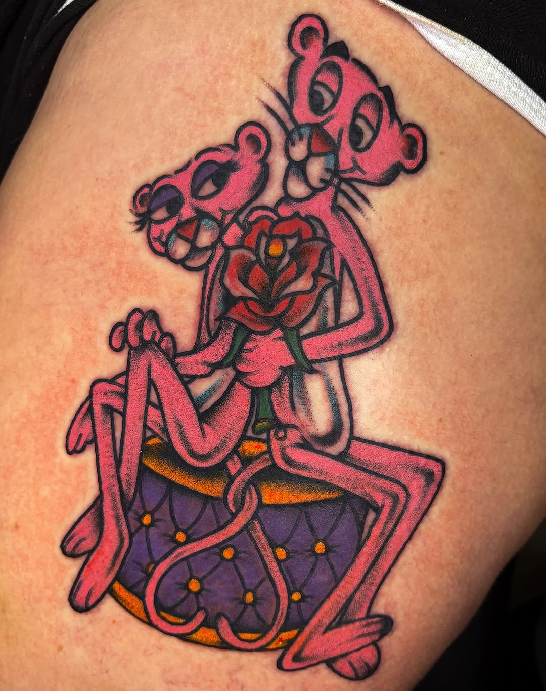 Pink Panthers with rose realism tattoo on the thigh by ✨ Gabi ✨