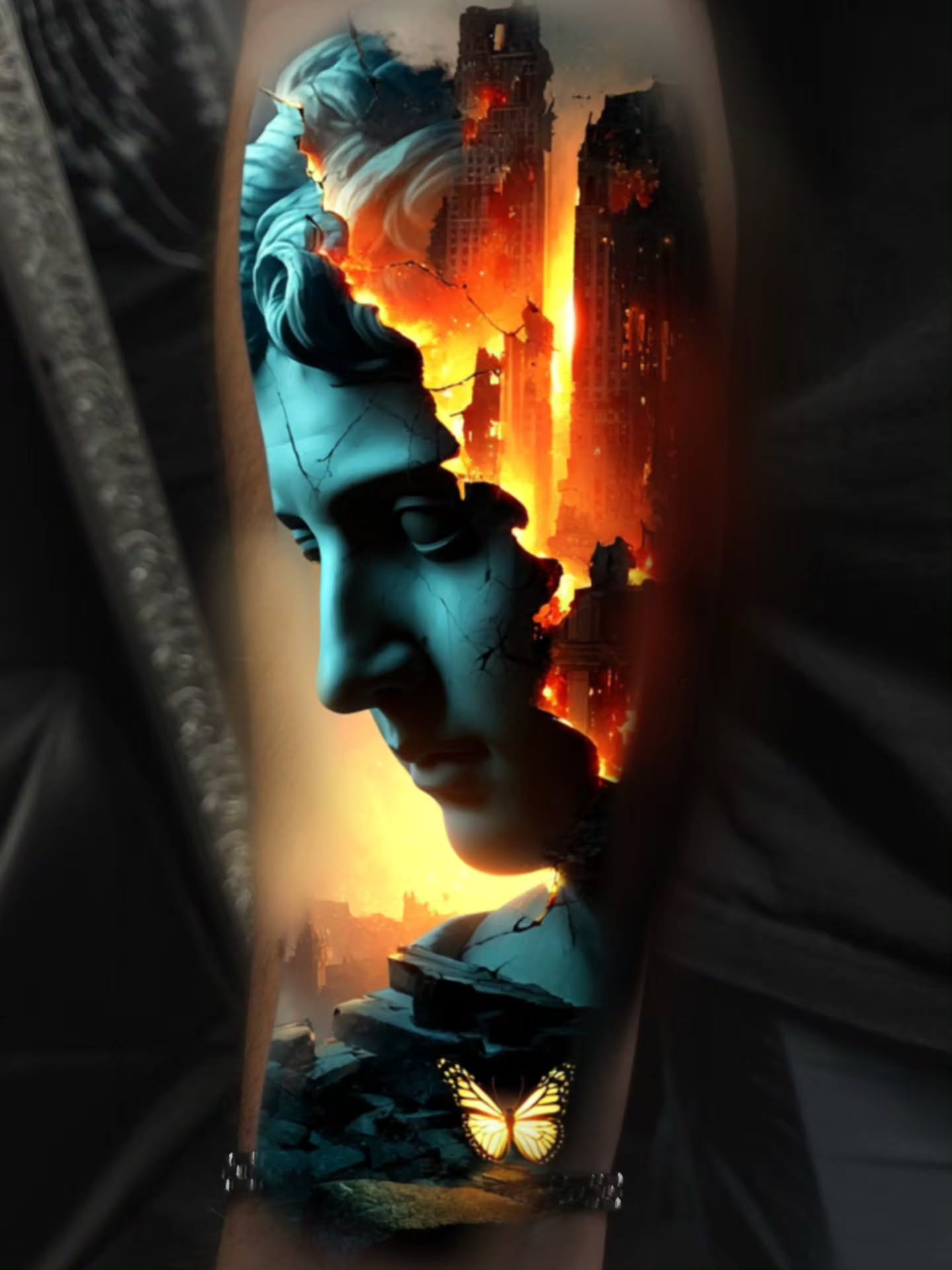 Cityscape dark realism tattoo on the forearm by Color Realism Tattoos - Metro Detroit