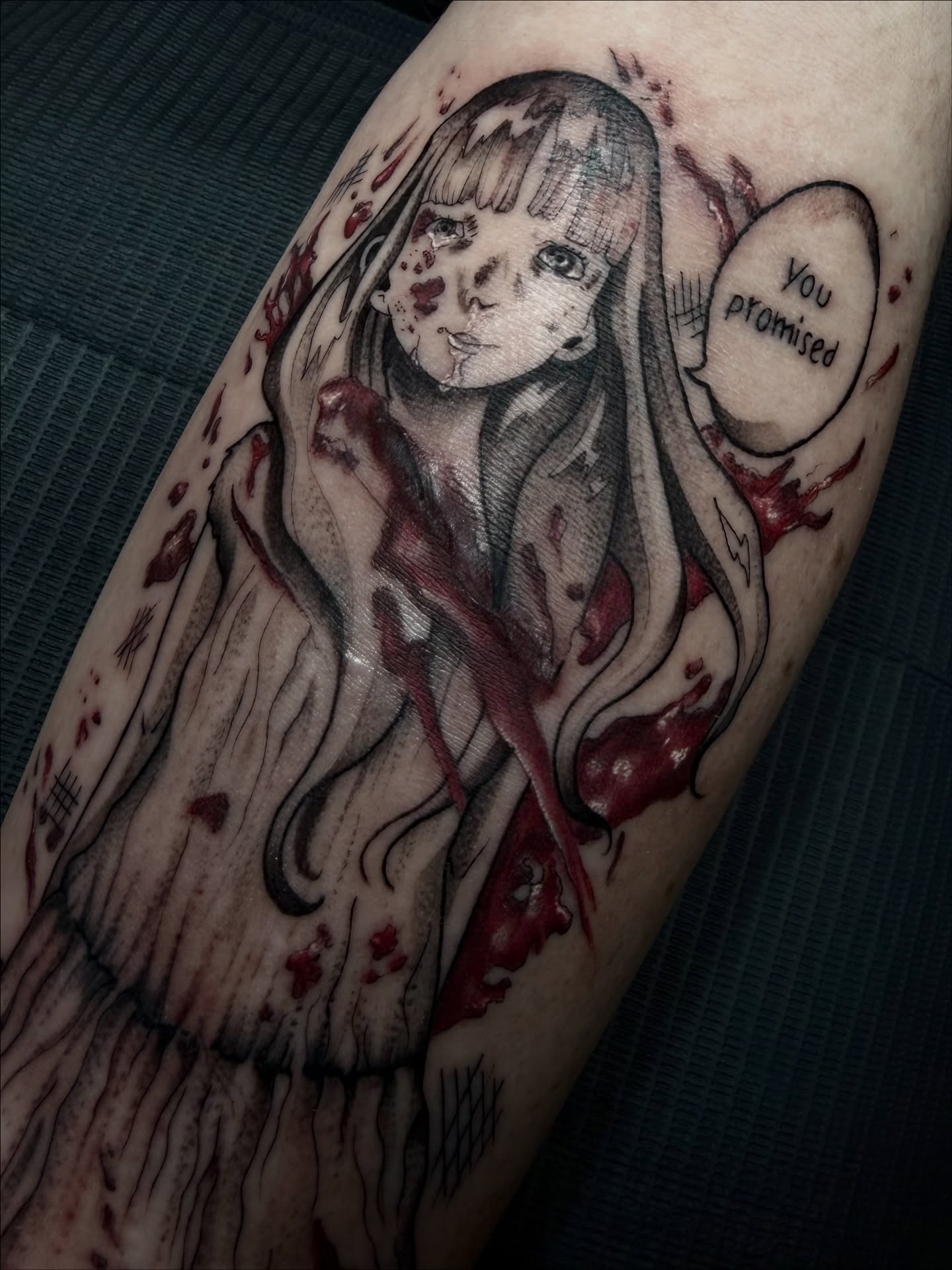 Girl with blood dark realism tattoo on the forearm by 𝔐𝔦𝔠𝔥𝔢𝔩𝔩𝔢𝔫 🦇