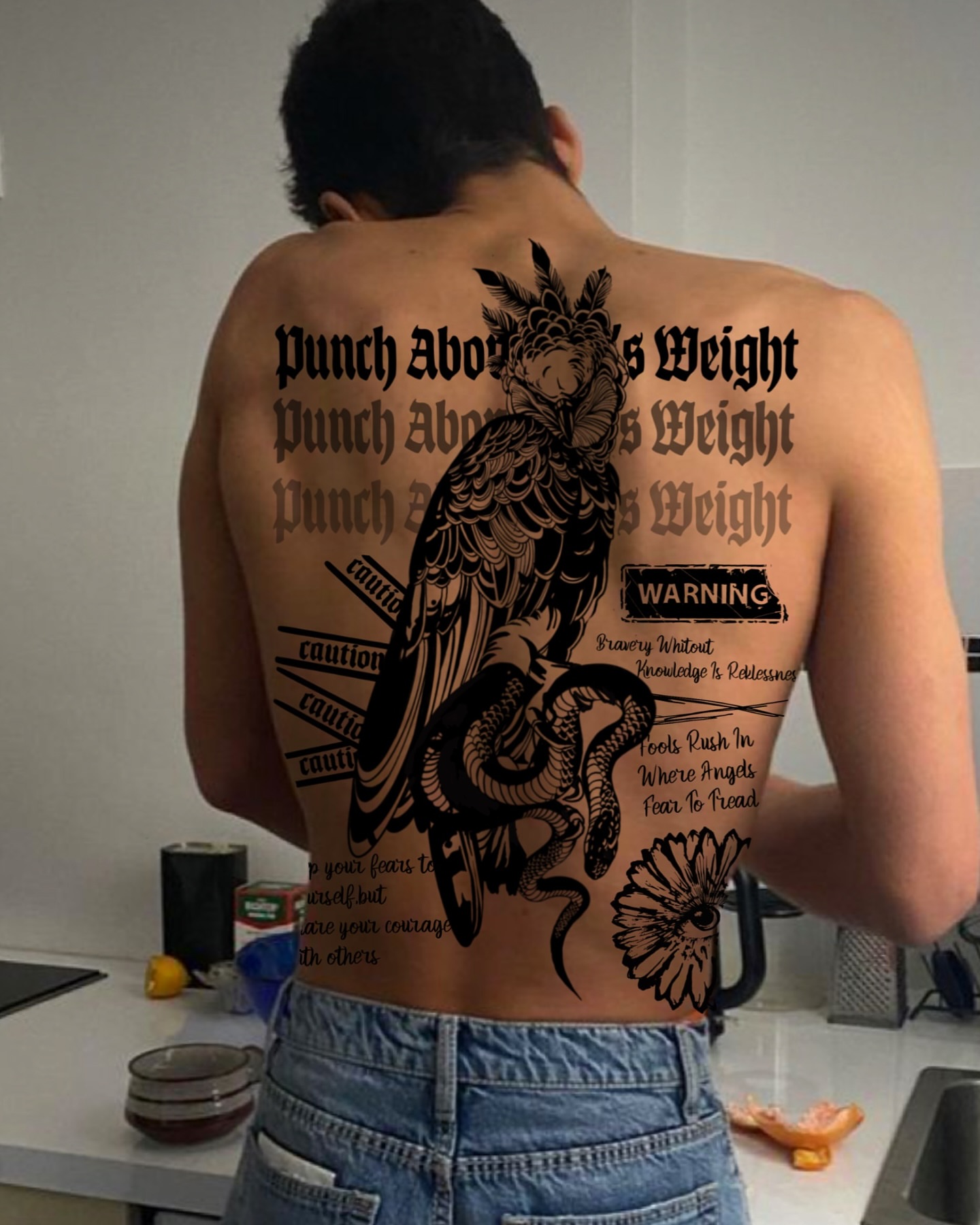 Parrot and snake black and grey tattoo on the back by Koreatattoo Seoultattoo hongdaetattoo 서울타투