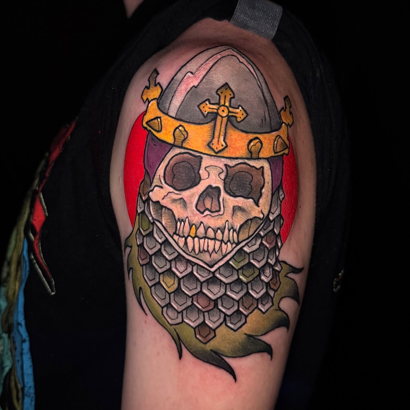 Skull with crown realism tattoo on the shoulder by Paul Endres Jr