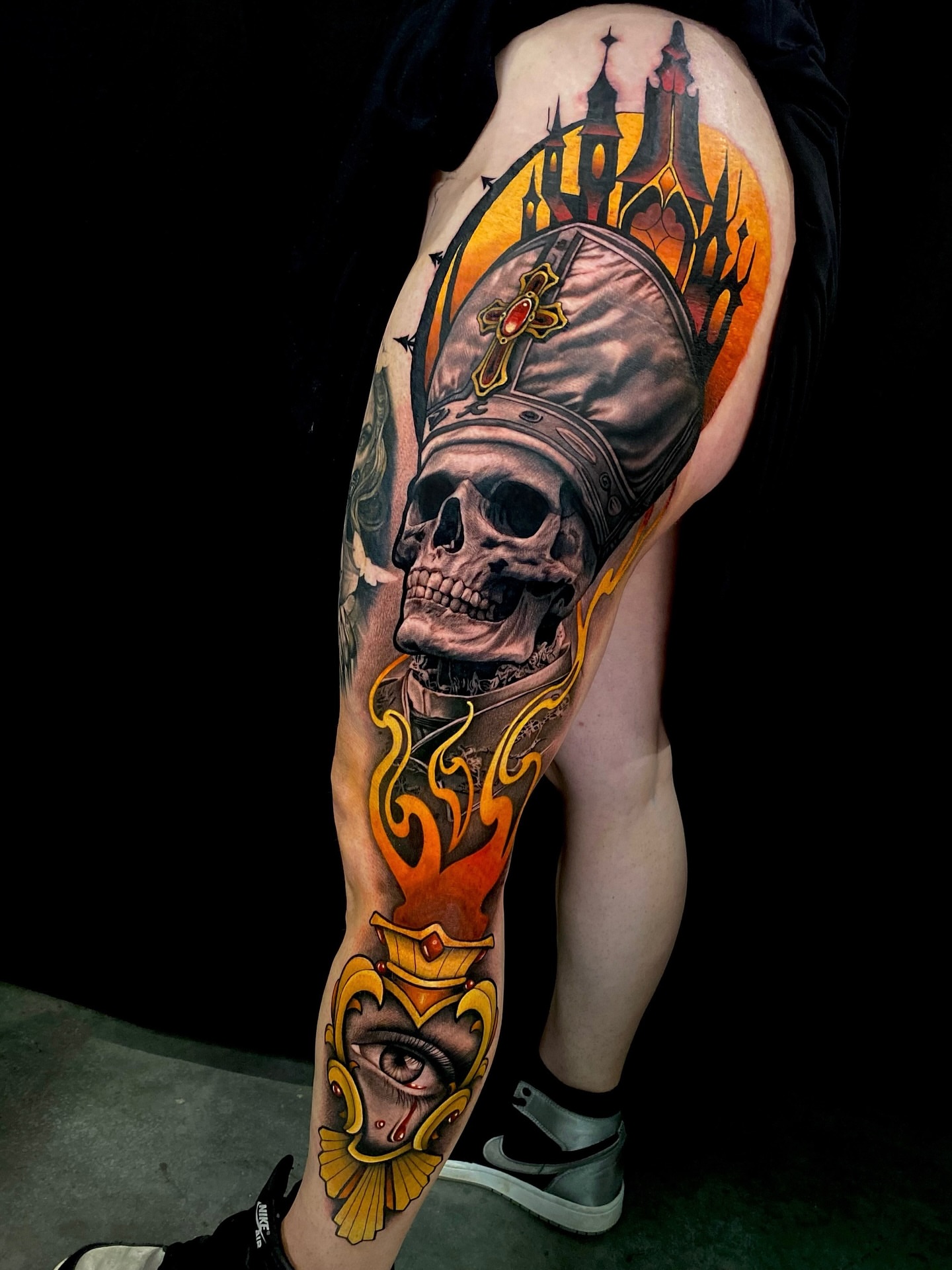 Skull in papal hat realism tattoo on the thigh by Kim Goff - Special K