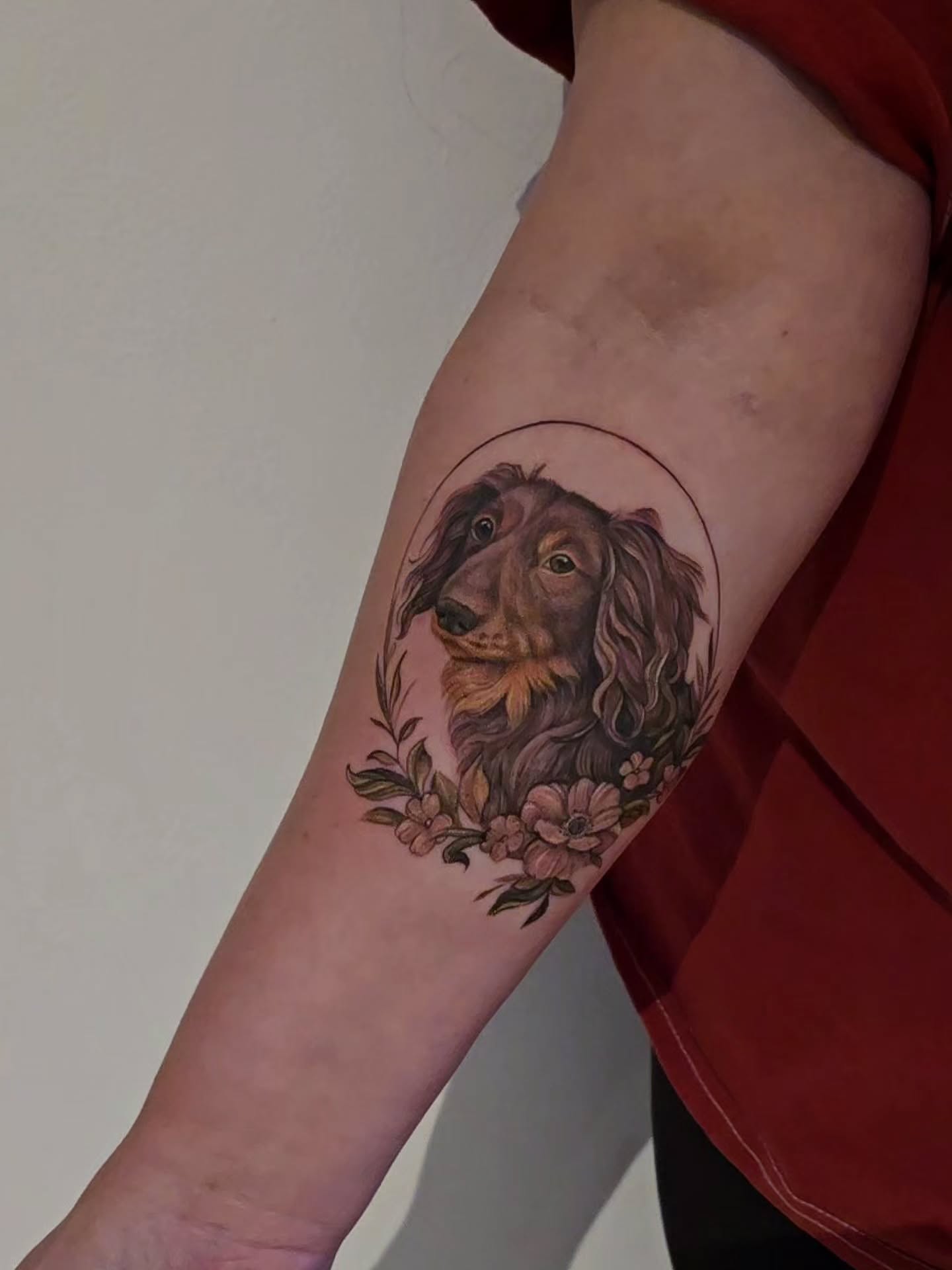 Long-haired dog realism tattoo on the forearm by Lynx, Cincinnati, Ohio