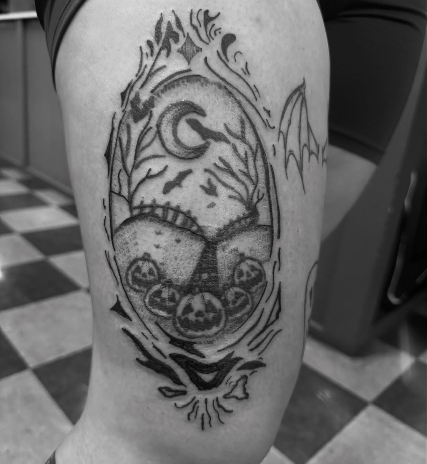 Day of the dead mask dotwork tattoo on the forearm by Lexy