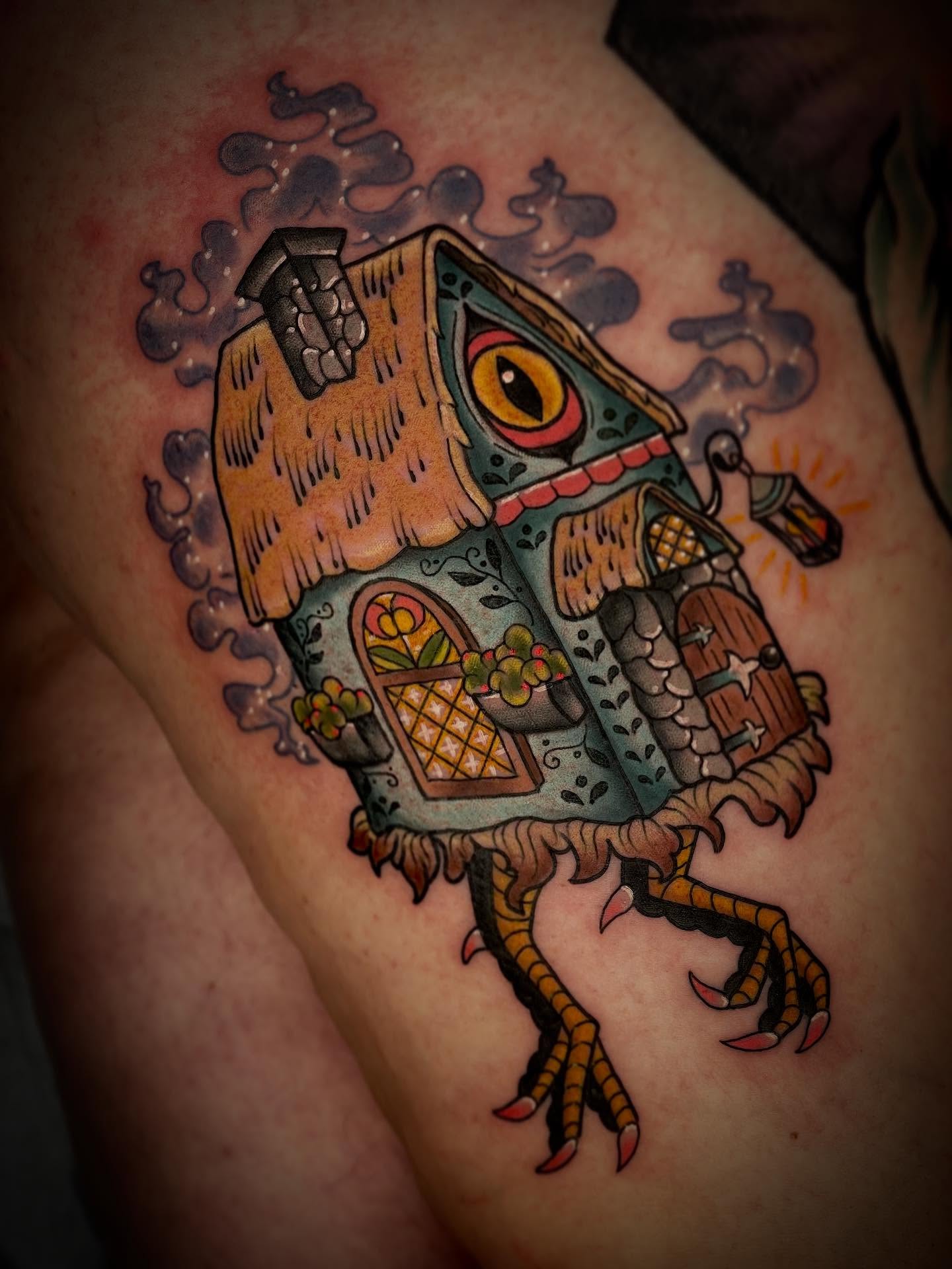House with eyes American traditional tattoo on the thigh by Beeker, Bellingham, Washington