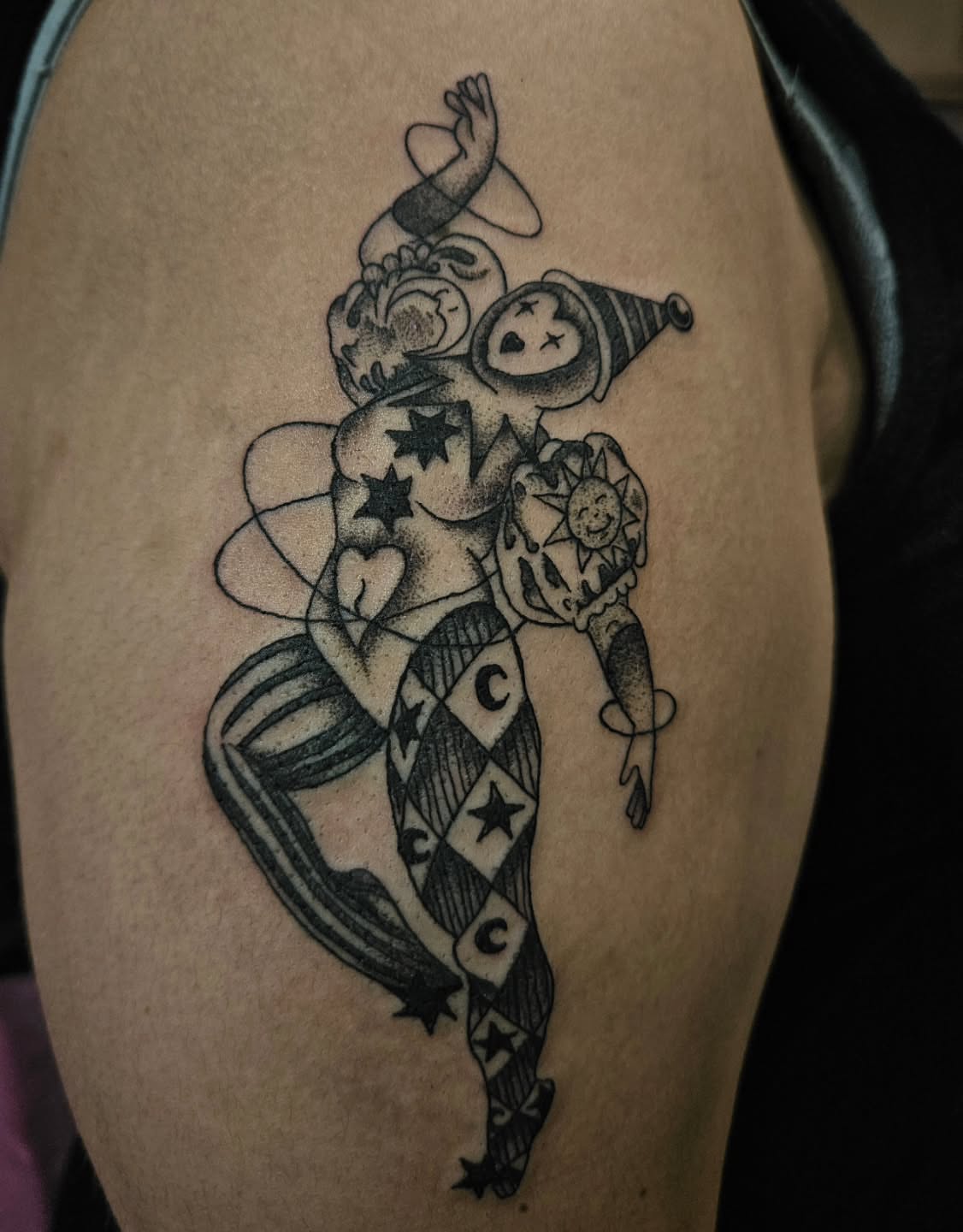 Clown American traditional tattoo on the thigh by Ari🖤