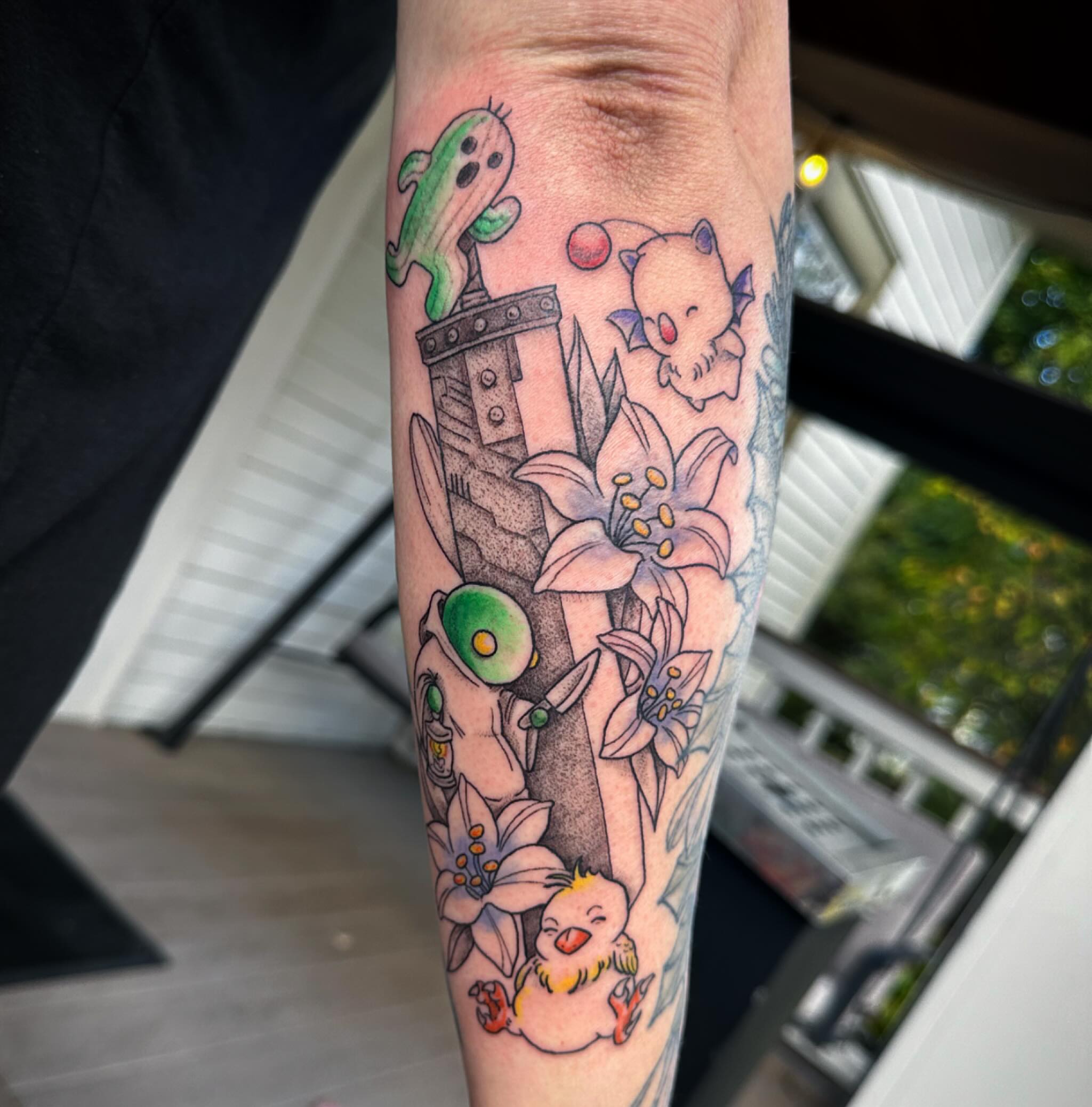 Fantasy creatures and flowers new school tattoo on the forearm by manda, Lebanon, Ohio