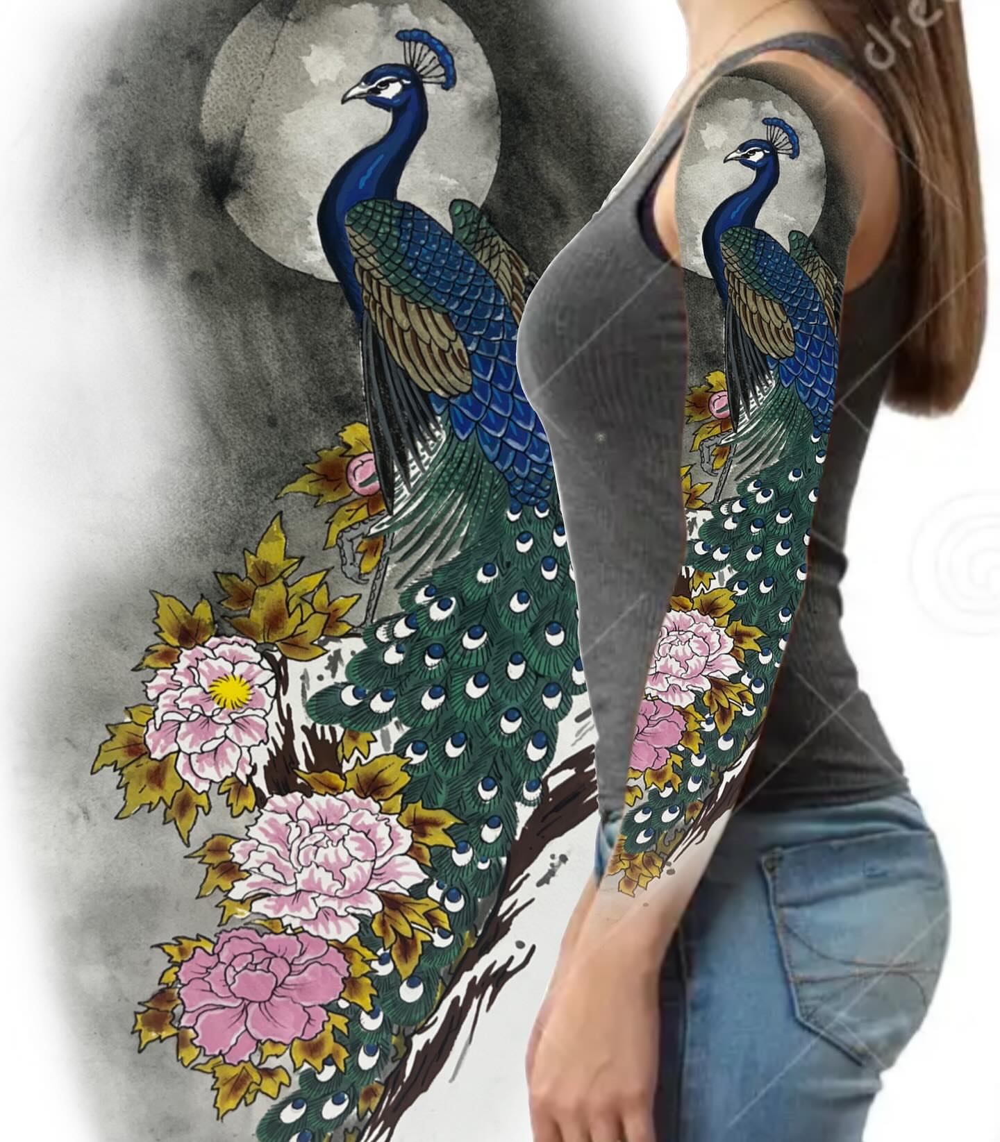 Peacock and flowers new school tattoo on the upper arm by Levi Cox, Powell, Ohio