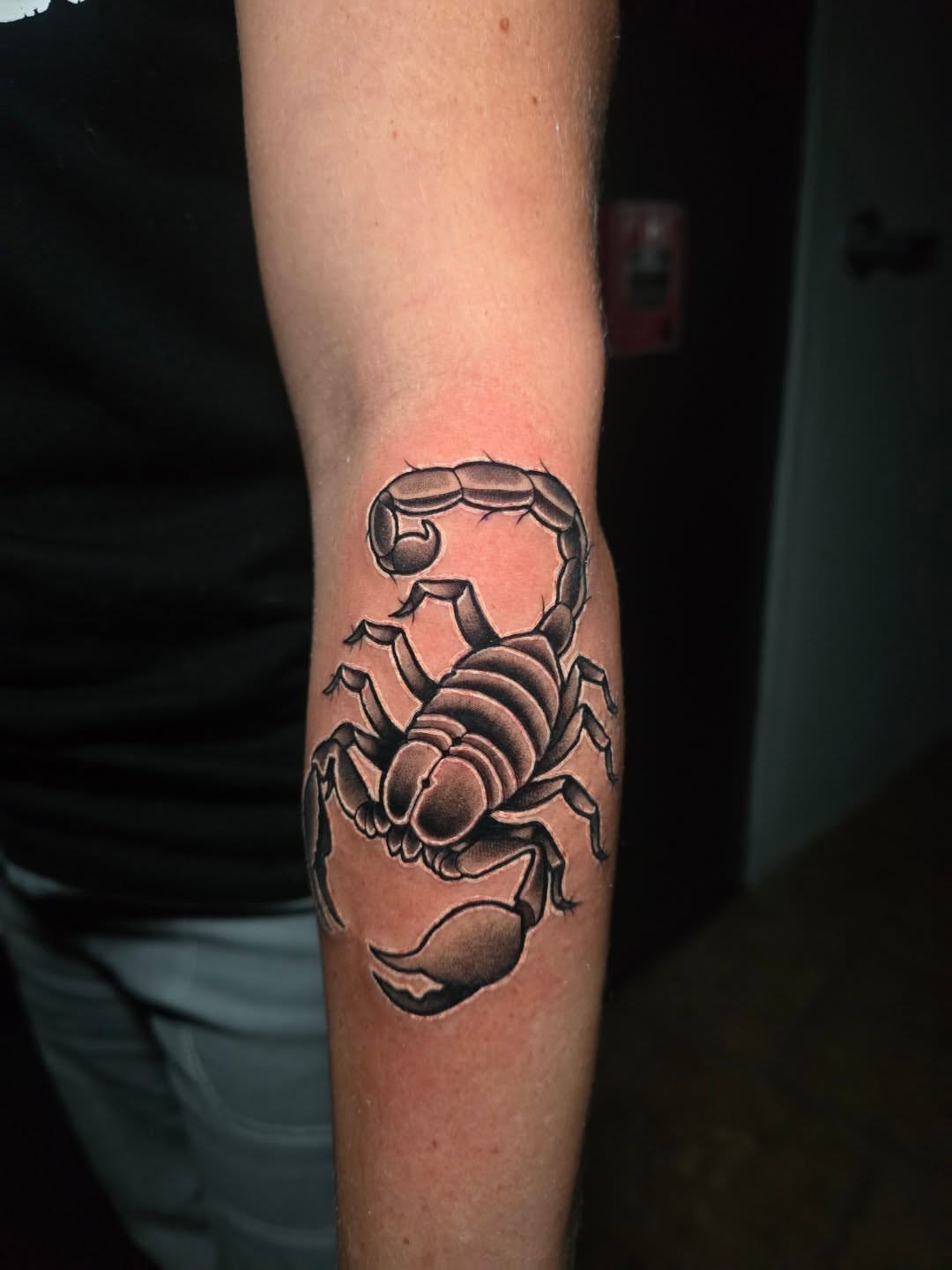 Scorpion black and grey tattoo on the forearm by Anna Brittany