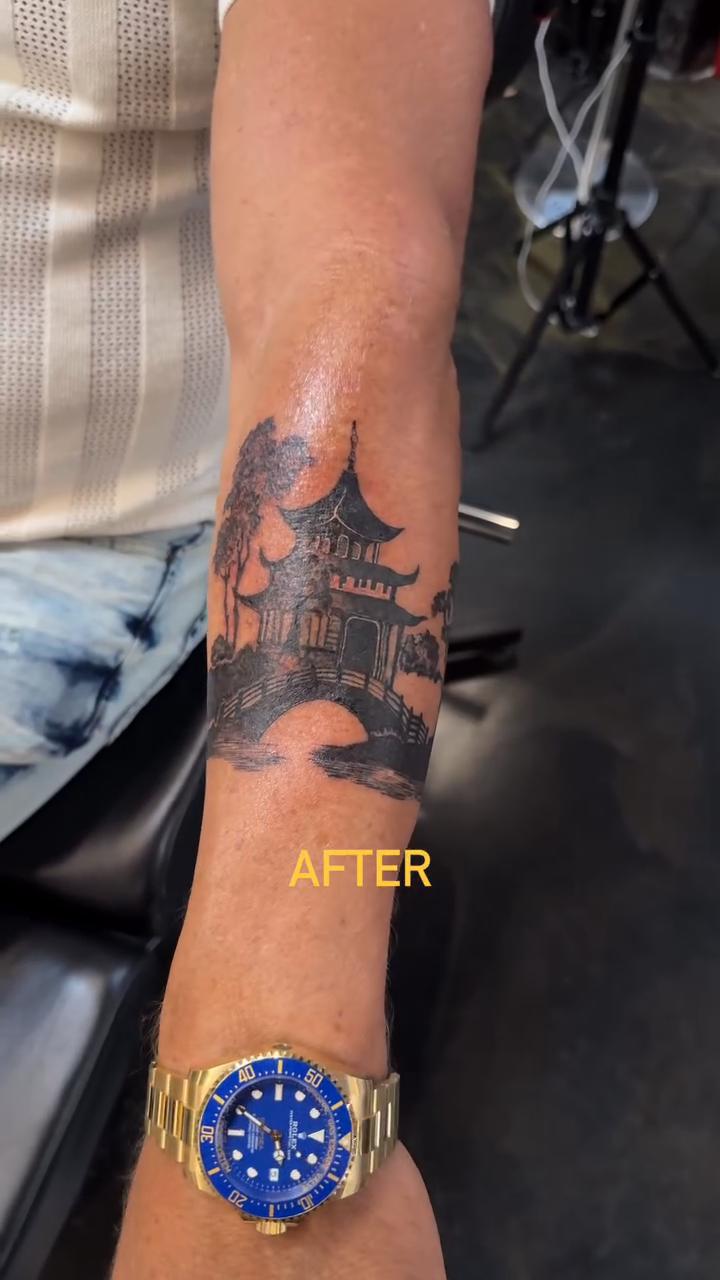 Japanese pagoda and trees tattoo on the forearm by @blackastaratattoo