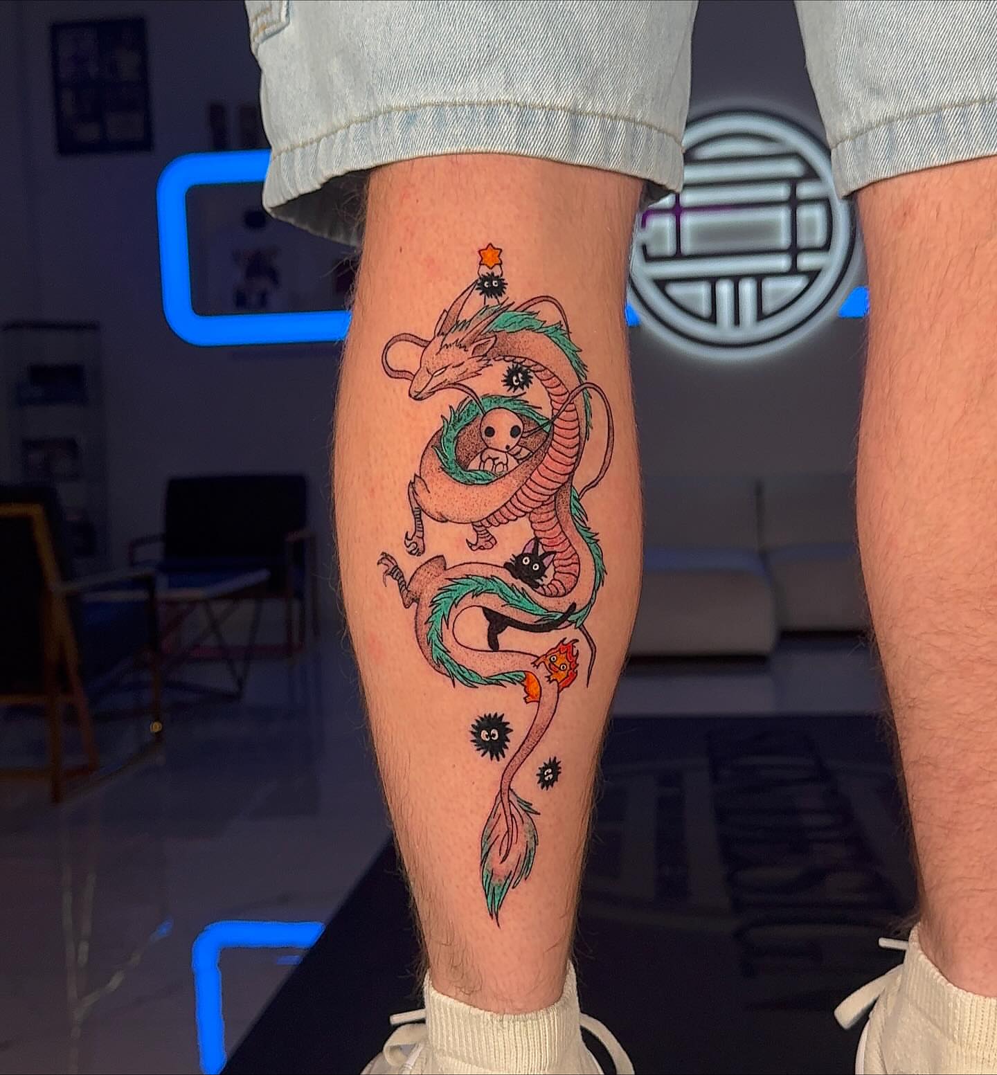 Dragon dotwork tattoo on the calf by Idalia Pulido