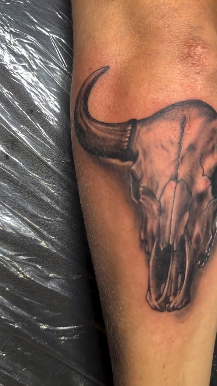 Bull skull realism tattoo by Ricky Flemate, San Antonio