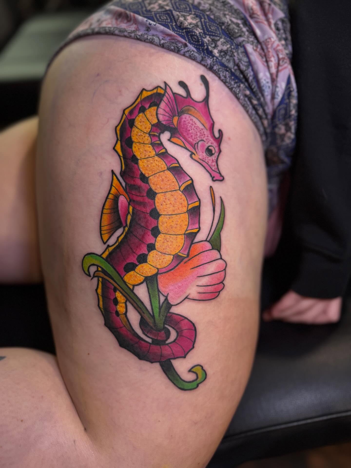 Seahorse American traditional tattoo on the thigh by Robbie Roberson