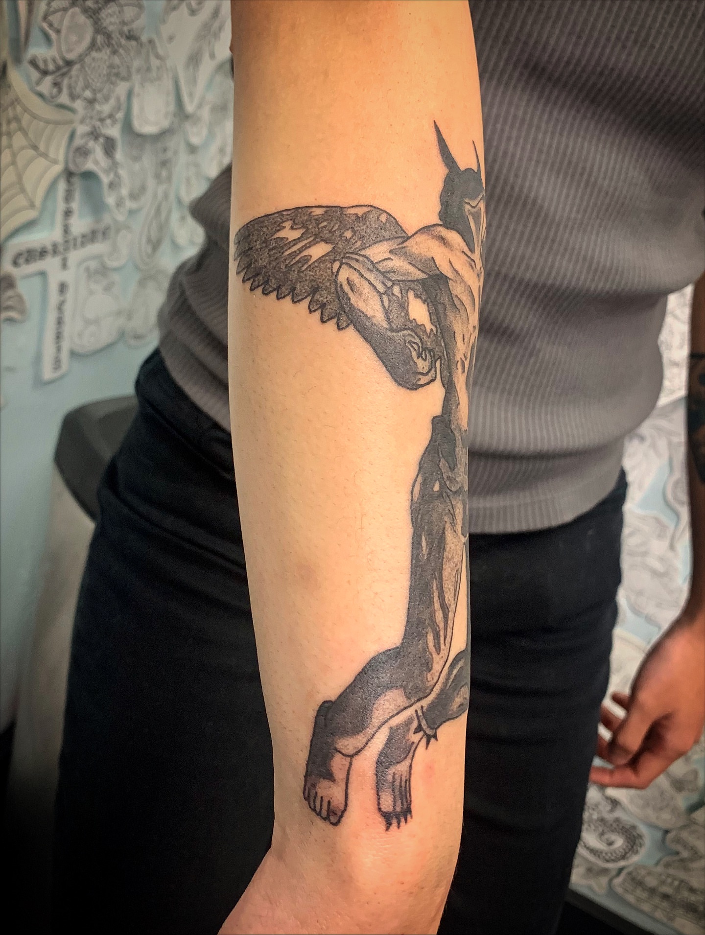 Heron black and grey tattoo on the forearm by Laura
