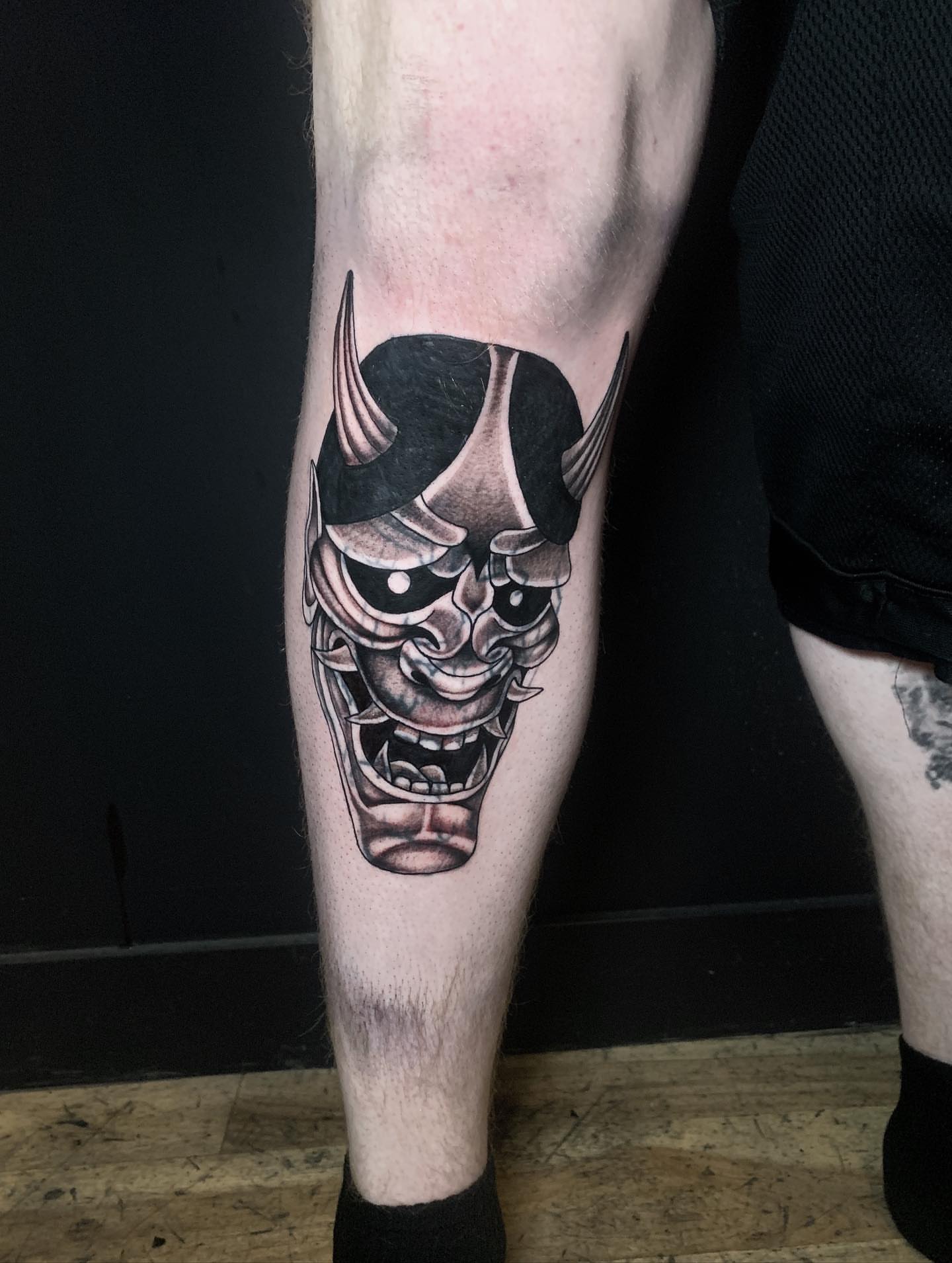 Mask realism tattoo on the forearm by Jess, Midvale, Utah