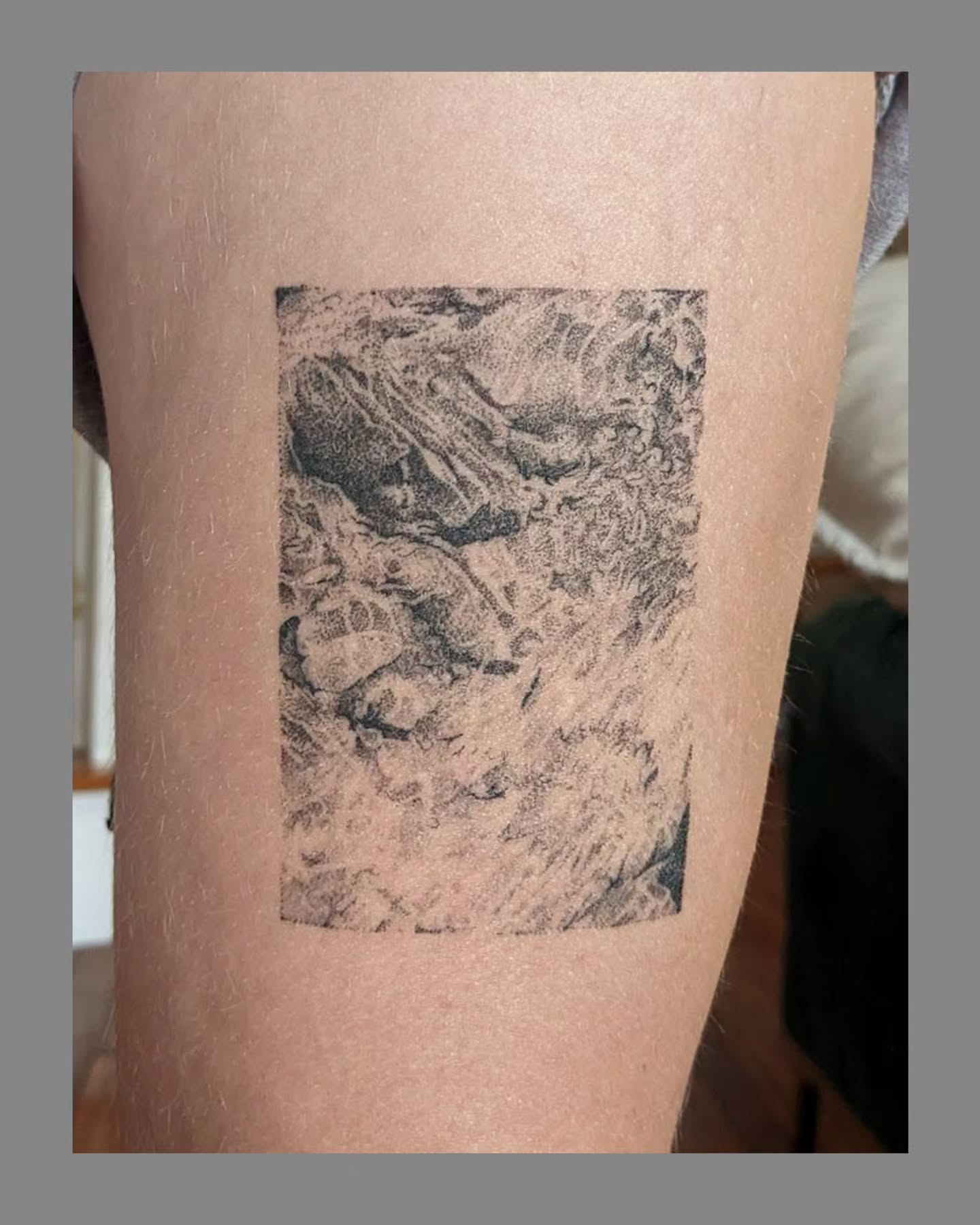 Abstract landscape dotwork tattoo on the thigh by Marria