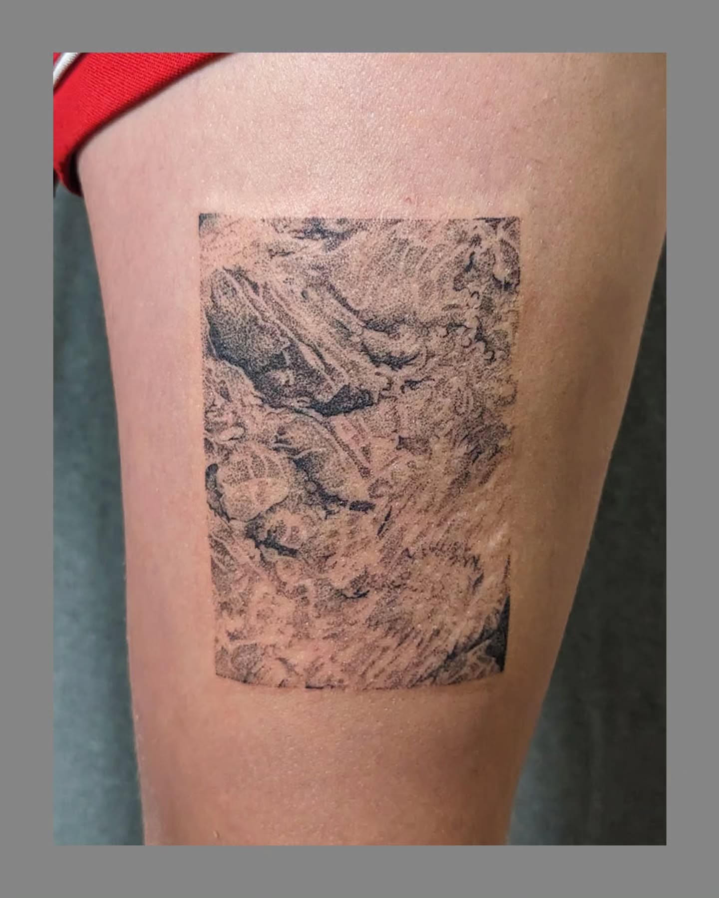 Abstract landscape dotwork tattoo on the thigh by Marria